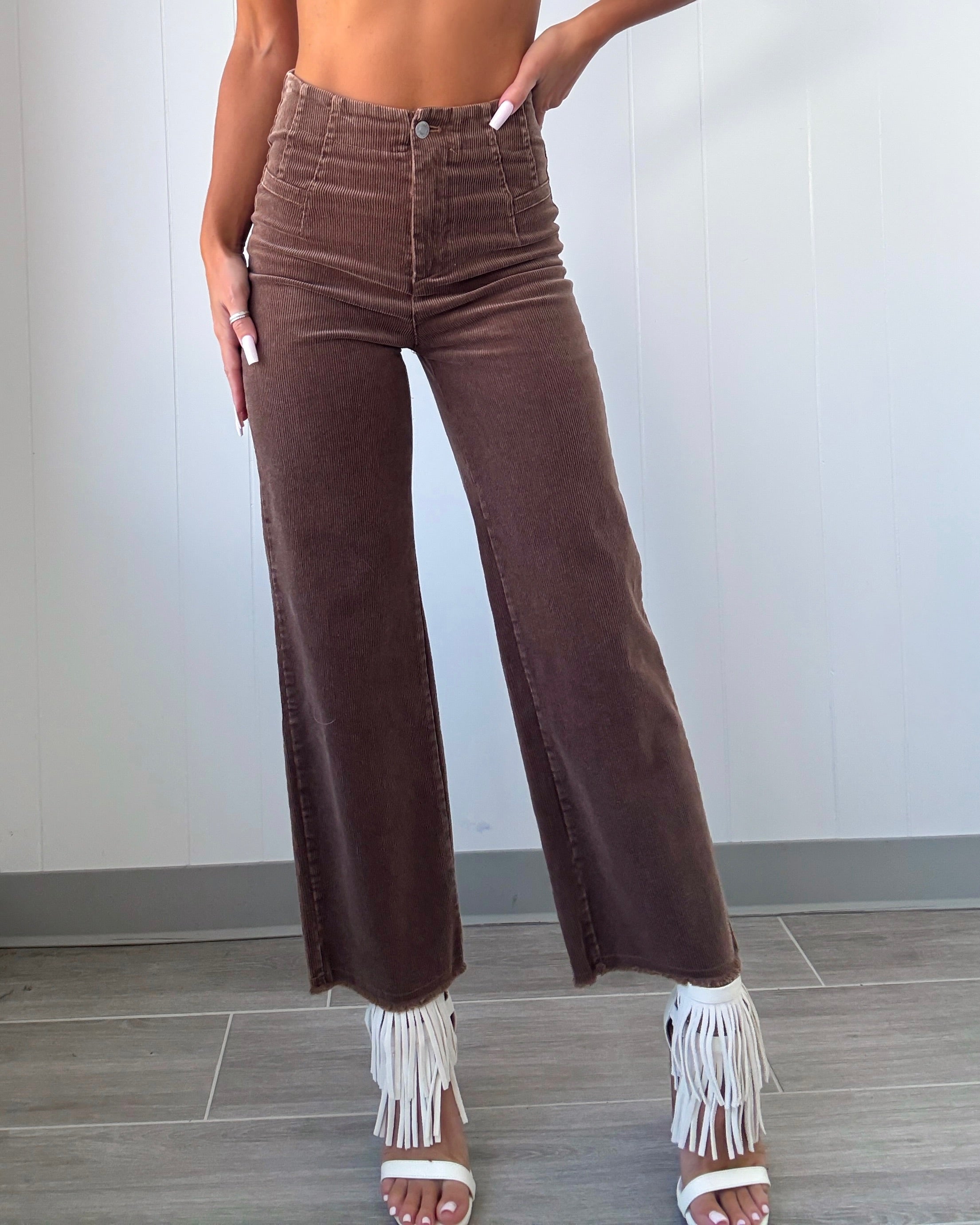 Jessie Corduroy Raw Hem Pants - Brown