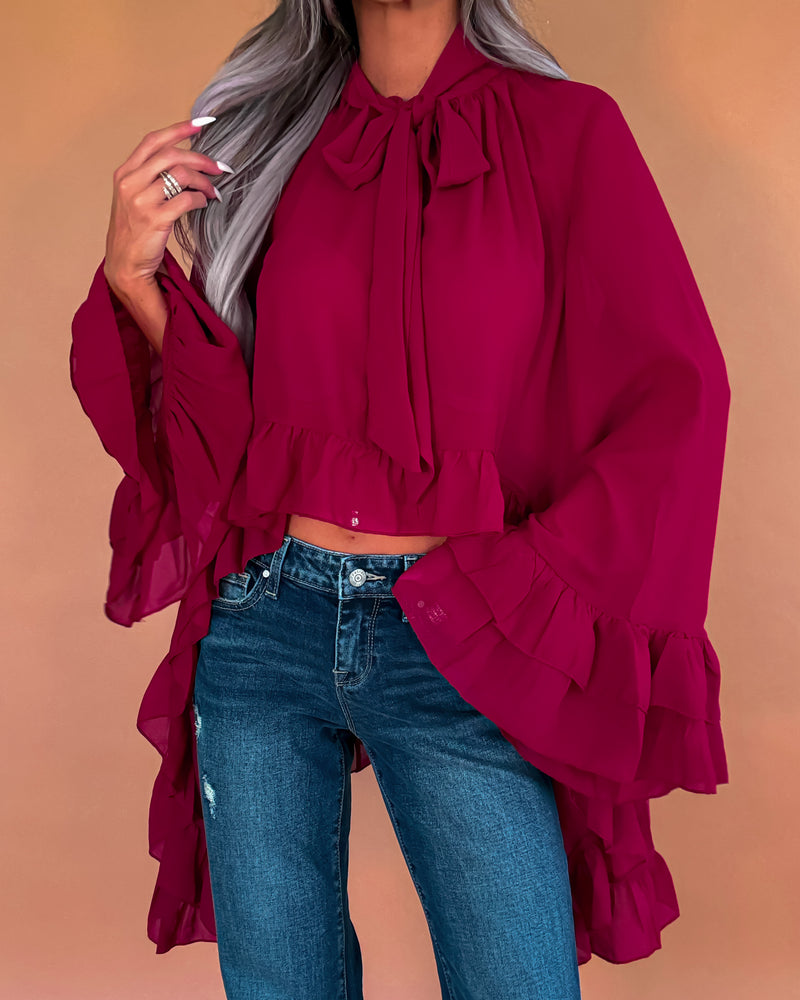 Ruffle Reverie Asymmetrical Blouse - Burgundy