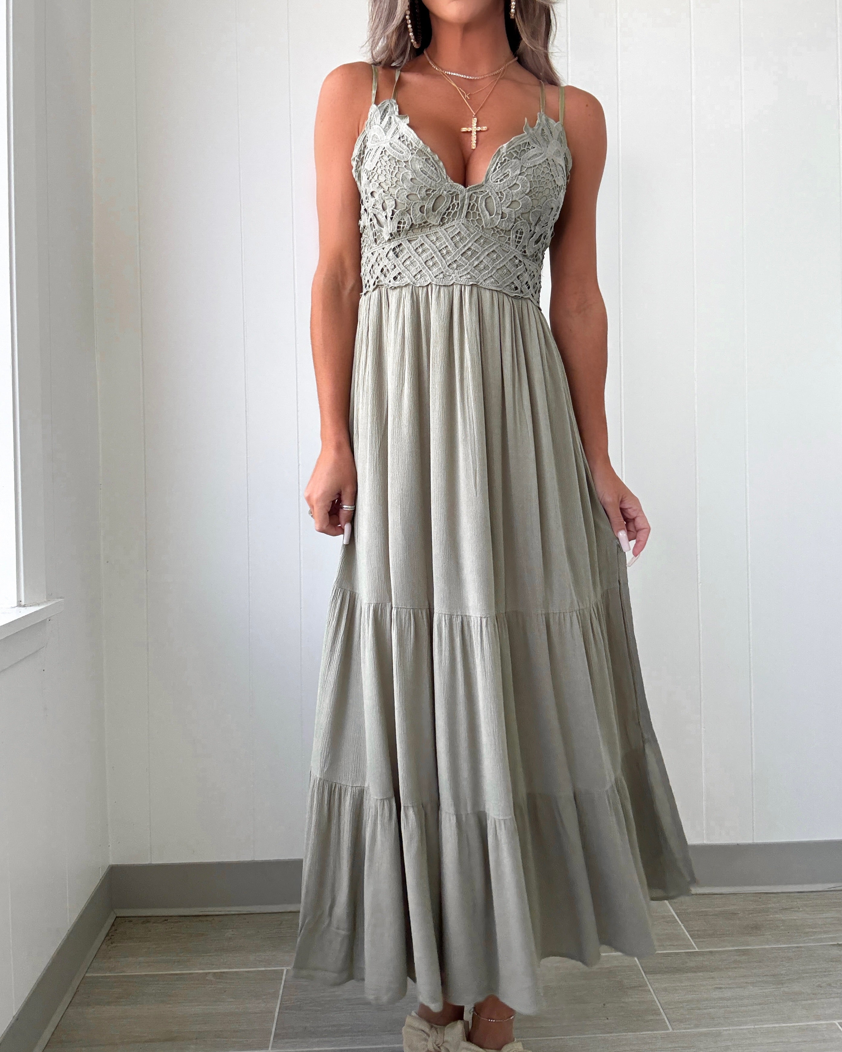 Sweet Beginnings Crochet Midi Dress - Light Olive