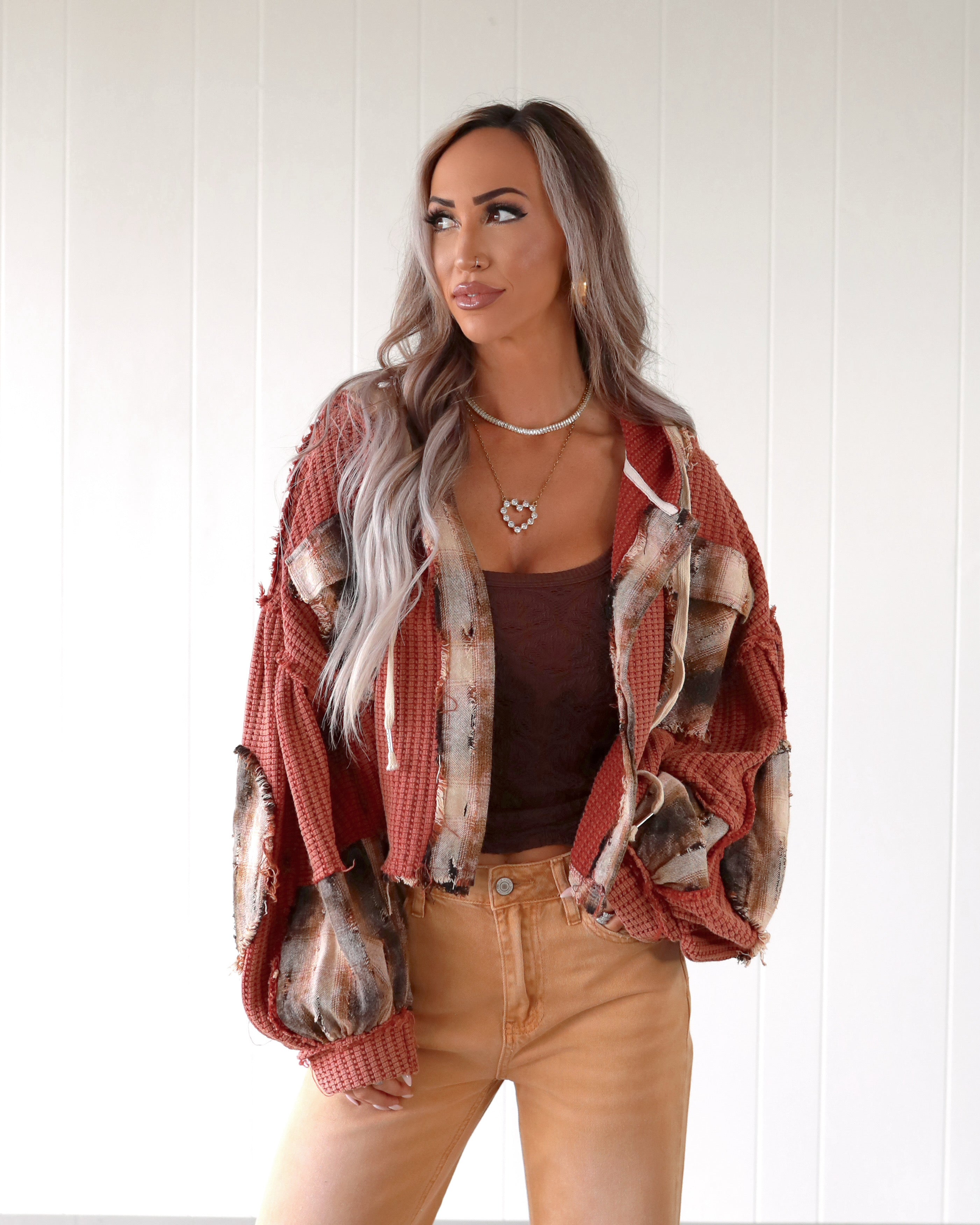 Sweet Patchwork Hooded Top - Maroon