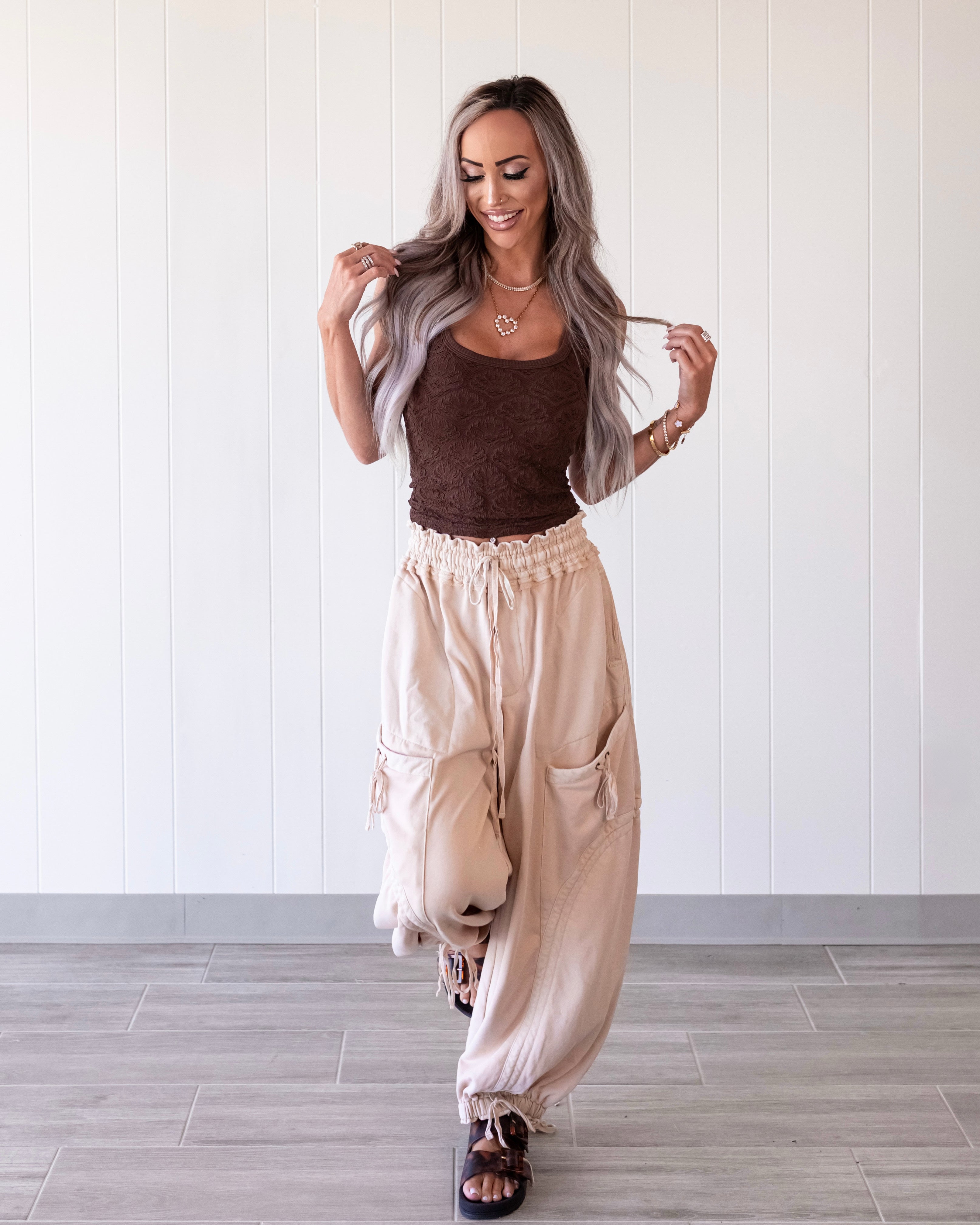 Floral Textured Lace Tank - Coffee Bean
