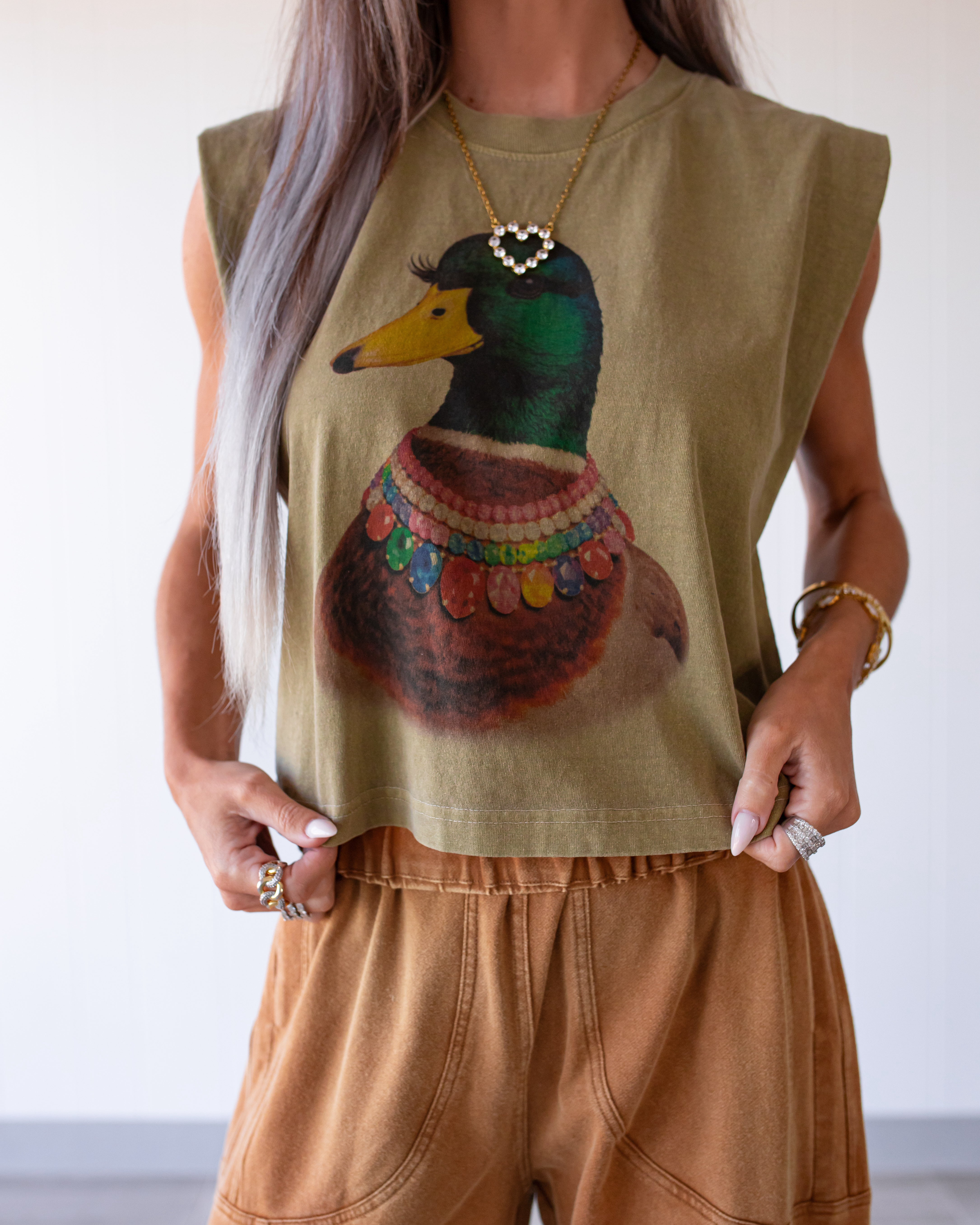 Jeweled Collar Mallard Duck Muscle Tank - Faded Army Green