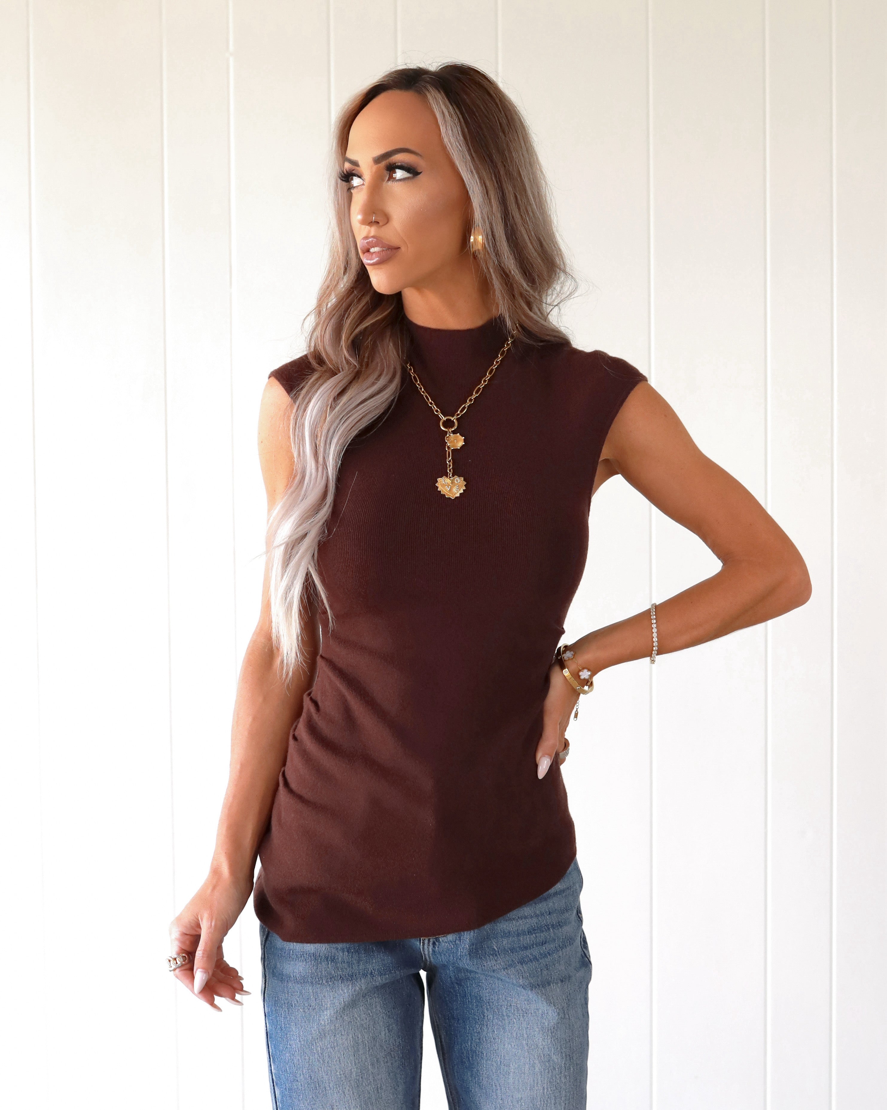 Cocoa Cinch Mock Neck Sweater Top