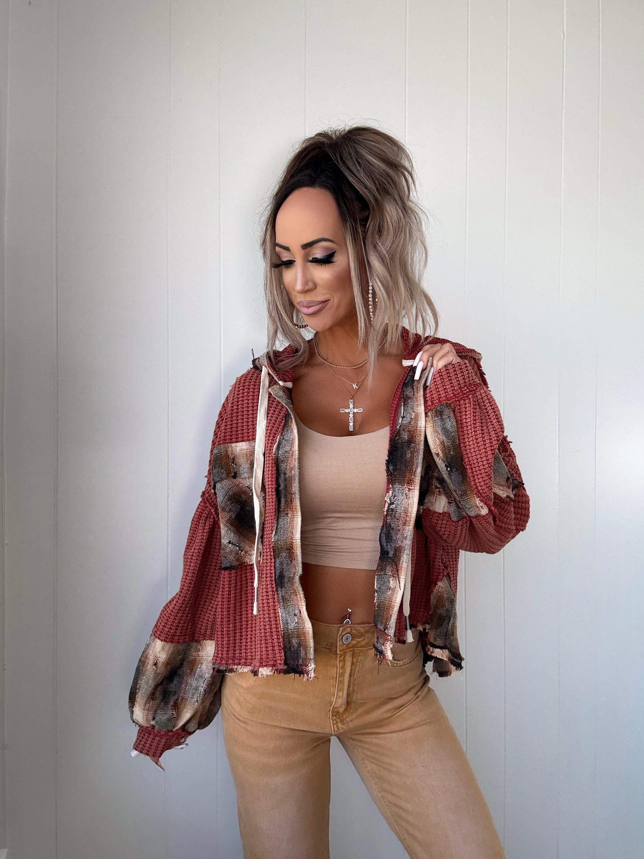 Sweet Patchwork Hooded Top - Maroon