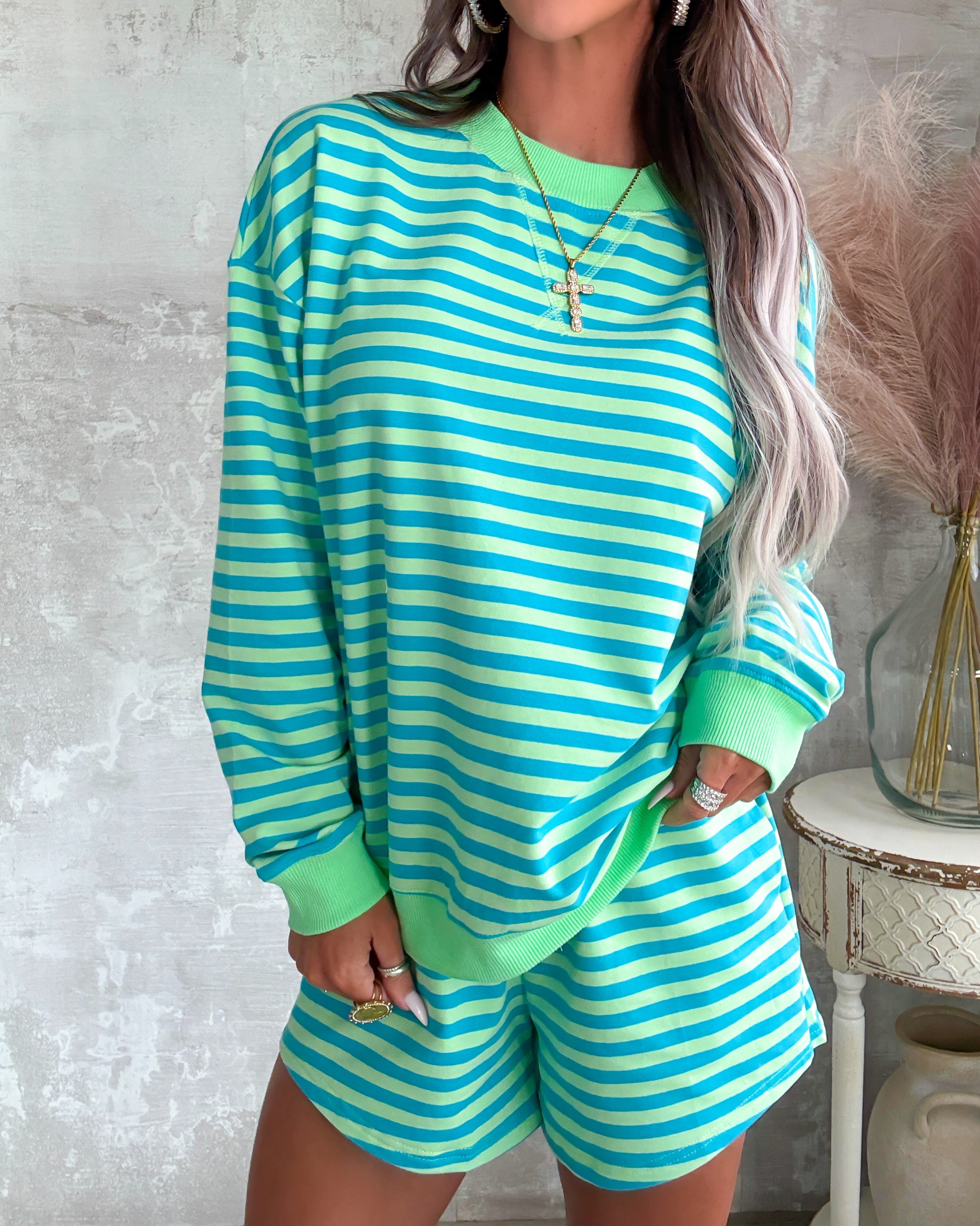 Ocean Palm Striped Shorts Set - Green/Aqua