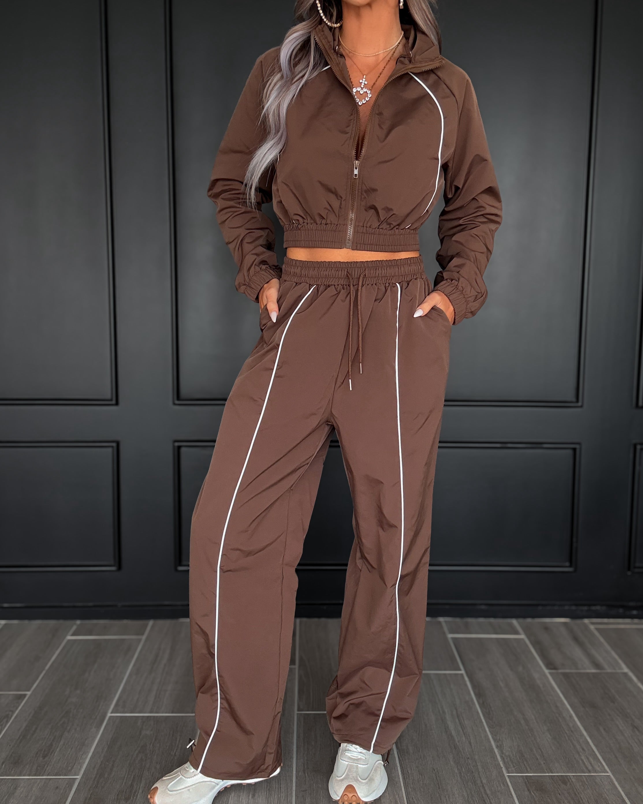 Trackside Windbreaker Pants Set - Brown