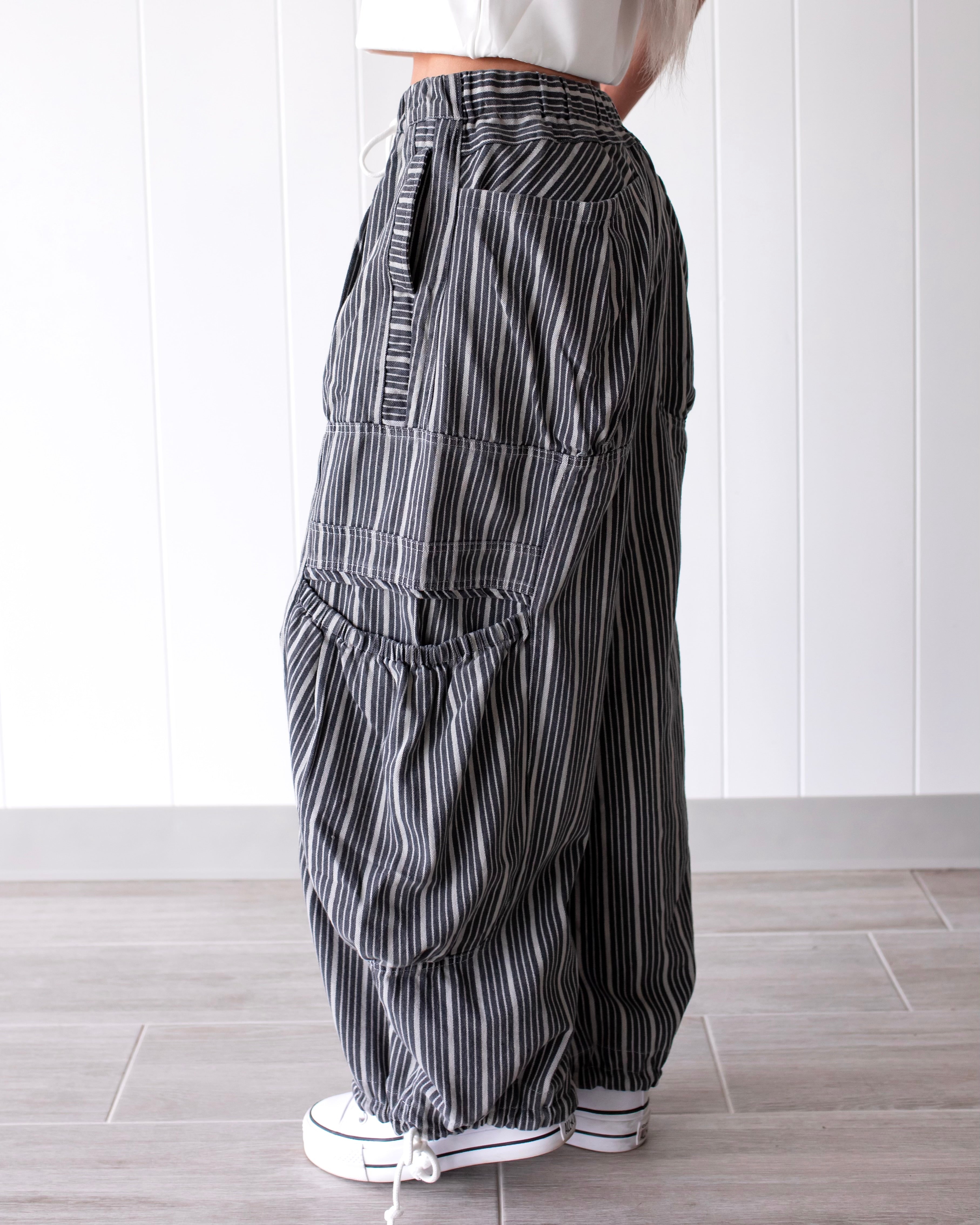 Chasing Clouds Striped Parachute Pants - Charcoal