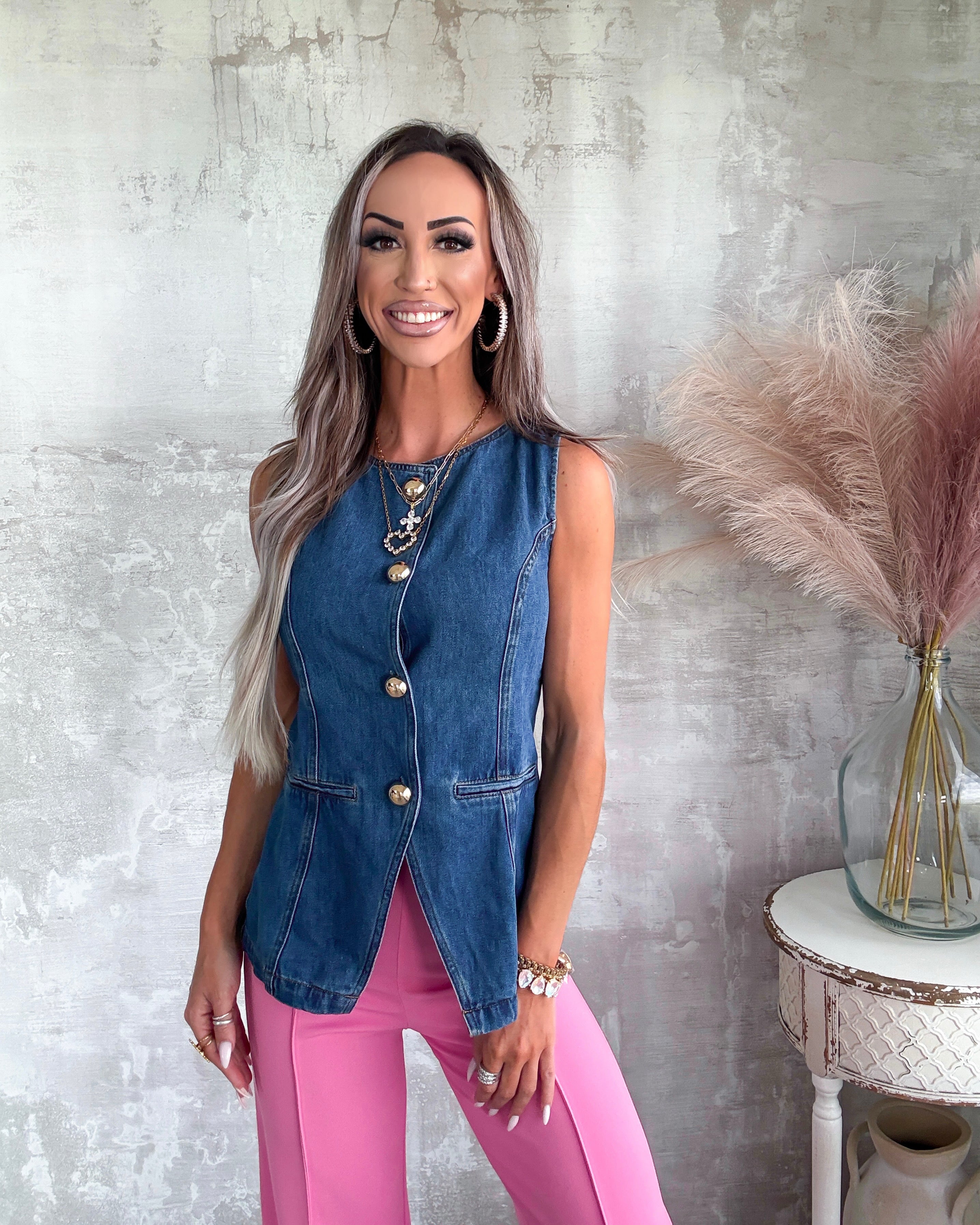 Gold Button Denim Vest - Medium Wash