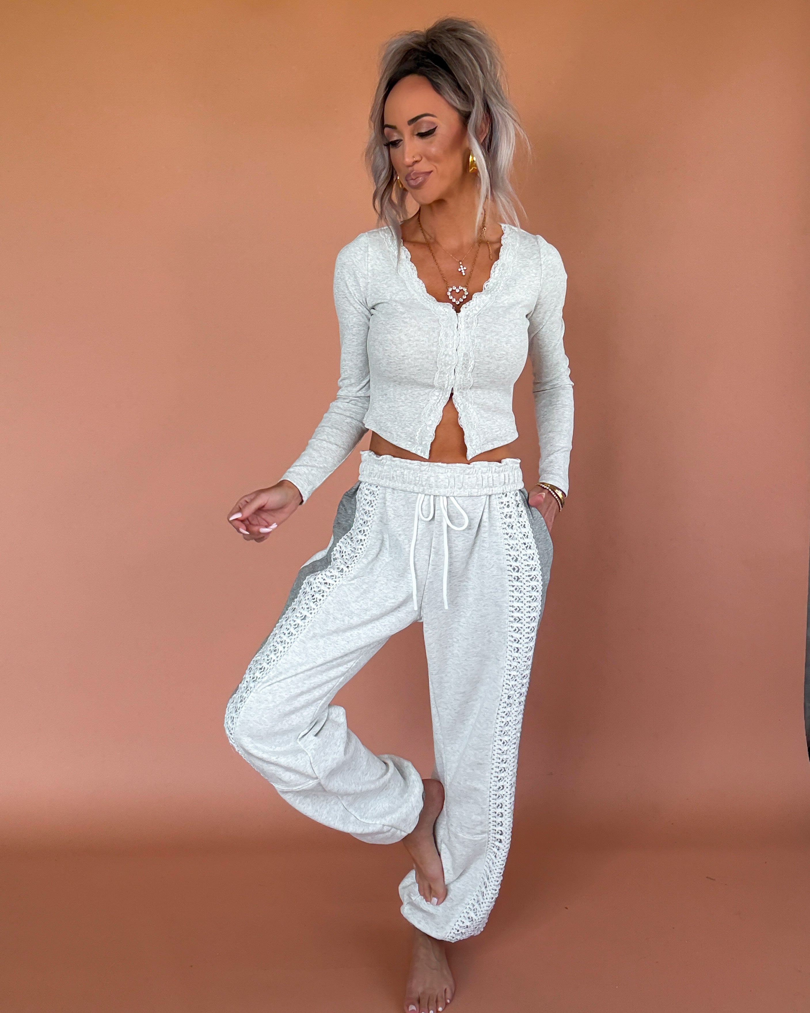 Heathered Muse Crochet Joggers - Grey