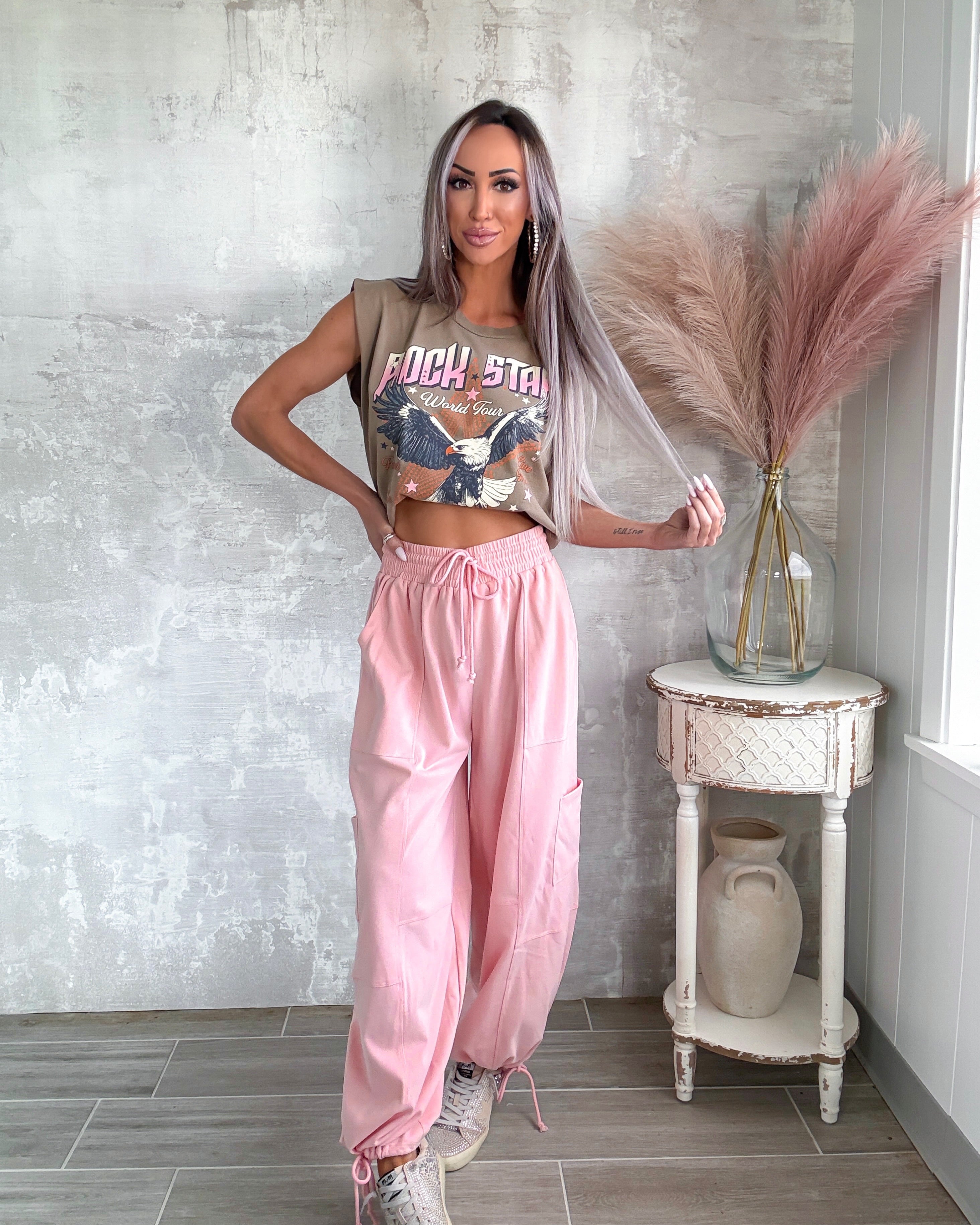 Rock Star Graphic Muscle Cropped Top - Brown