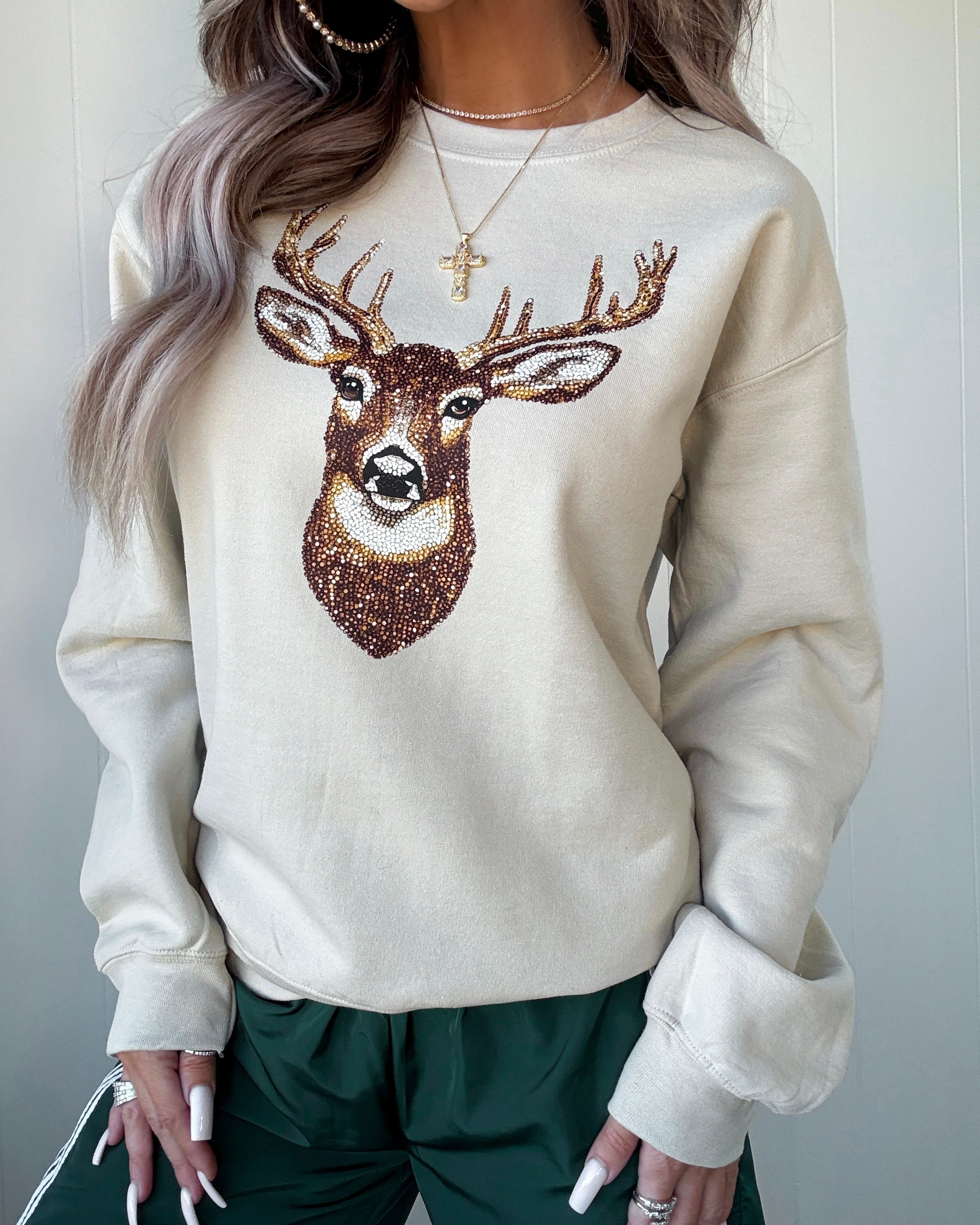 Faux Rhinestone Buck Crewneck