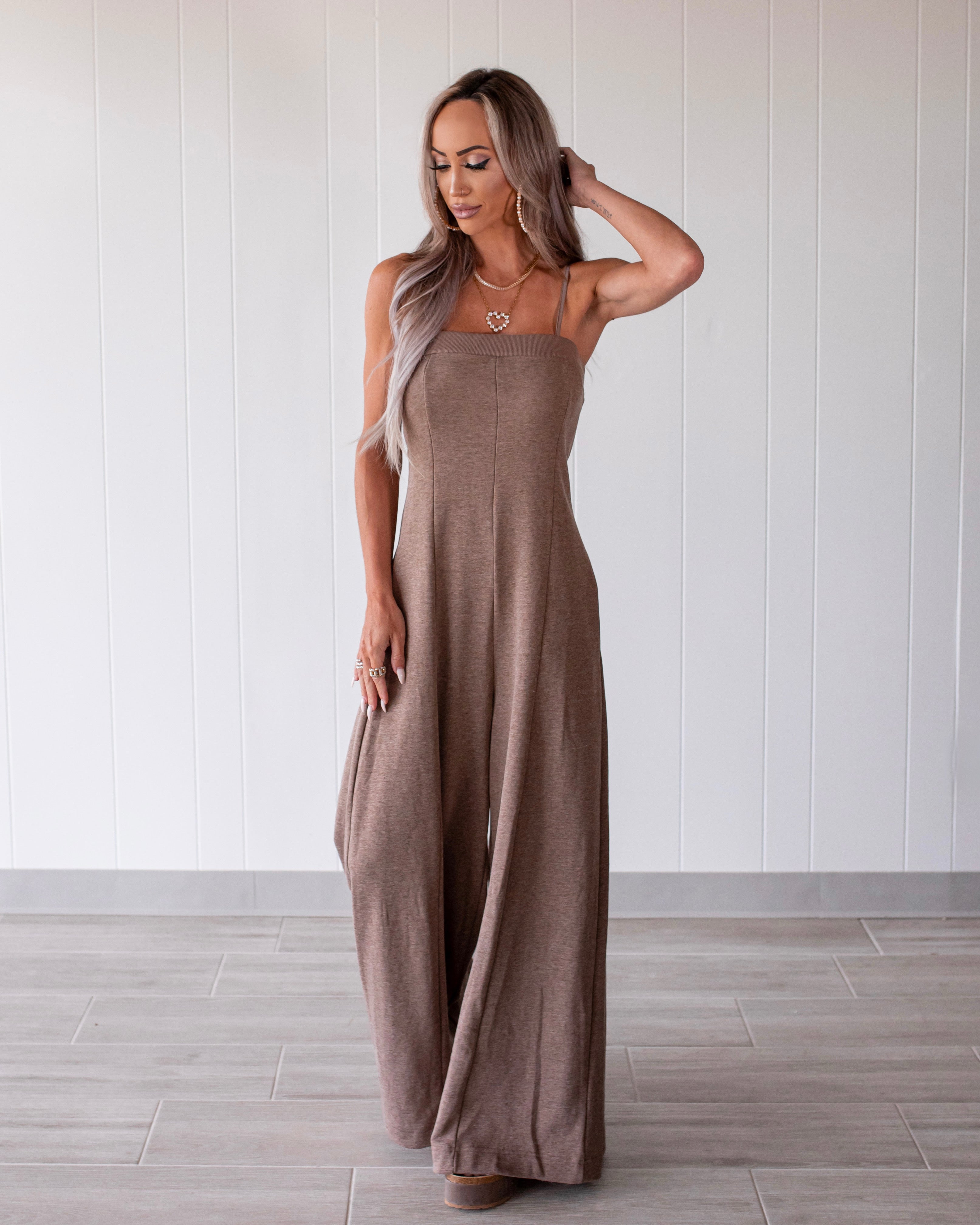 She's So Chic Wide Leg Jumpsuit - Heather Mocha