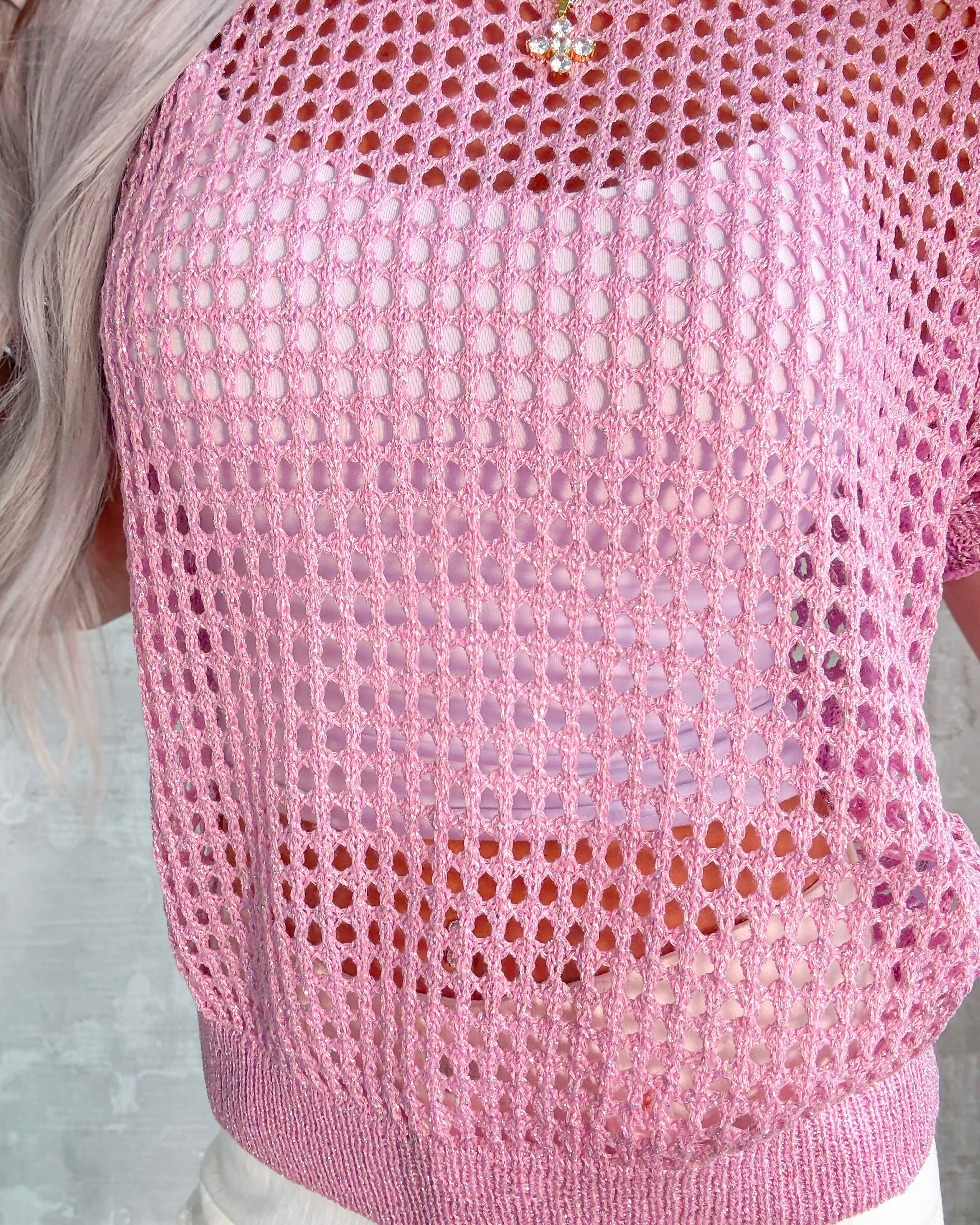 Open Weave Crochet Top - Pink/Silver