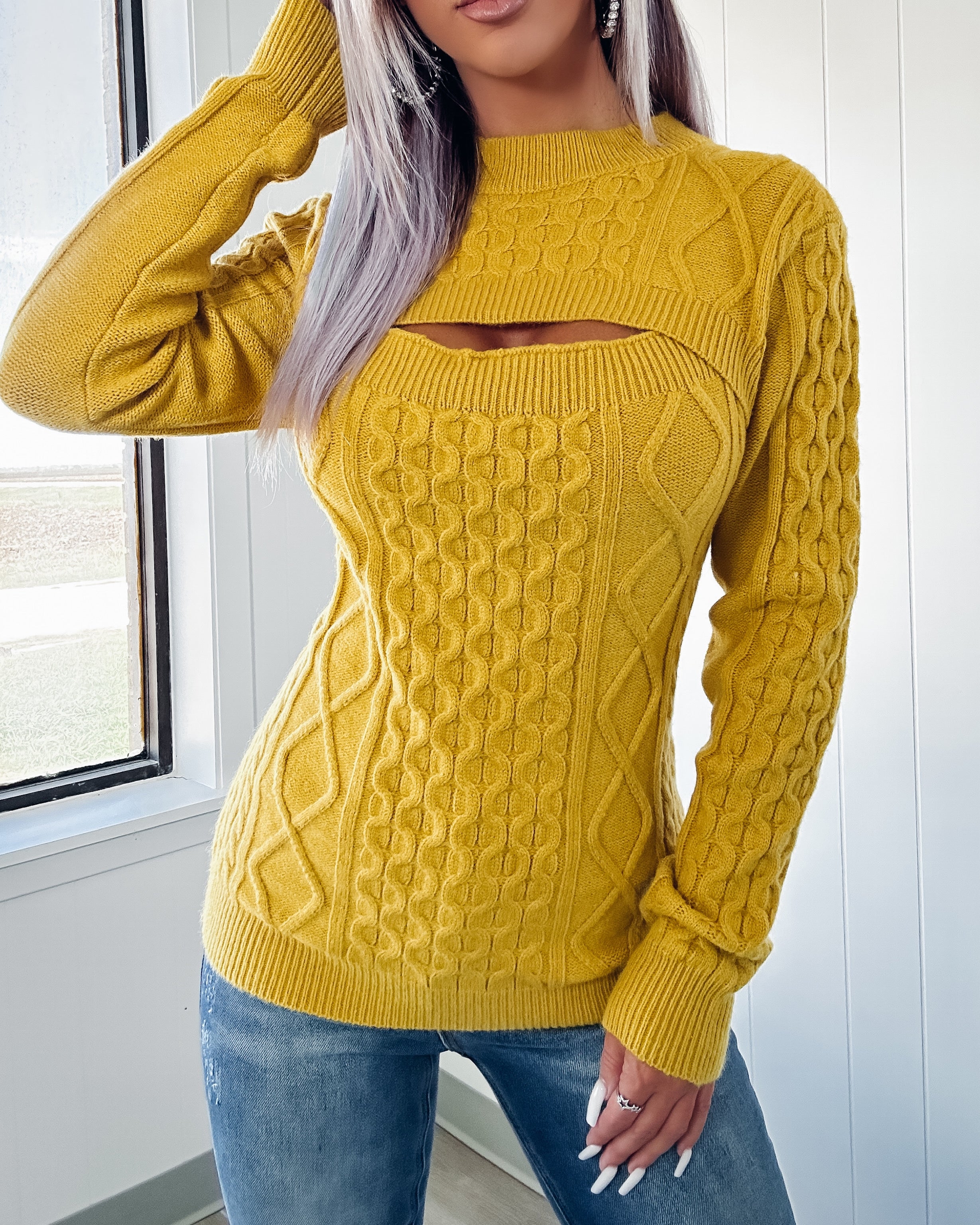 Holding On Cable Knit Cutout Sweater - Mustard