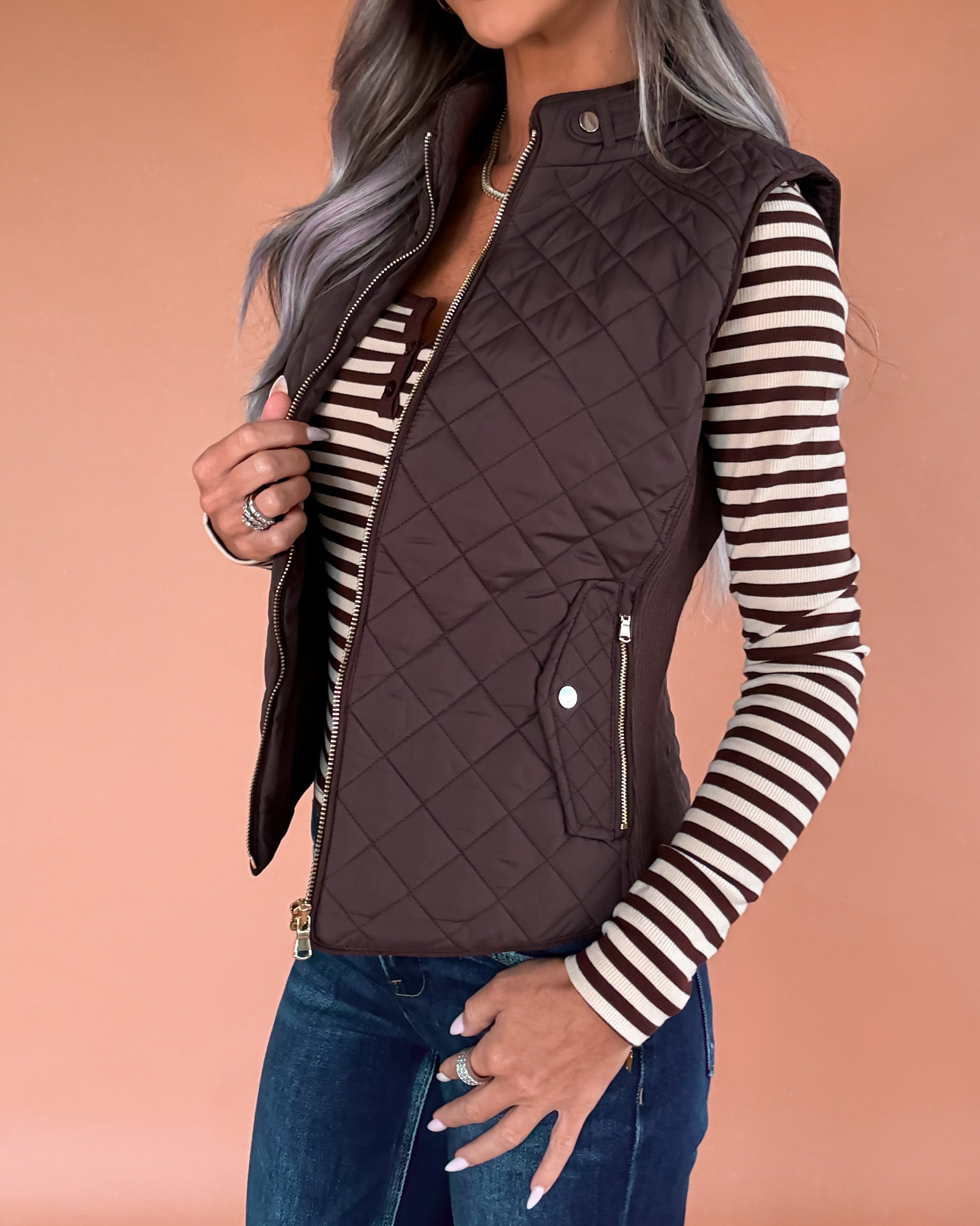 Sight Seeing Quilted Padded Vest - Chocolate