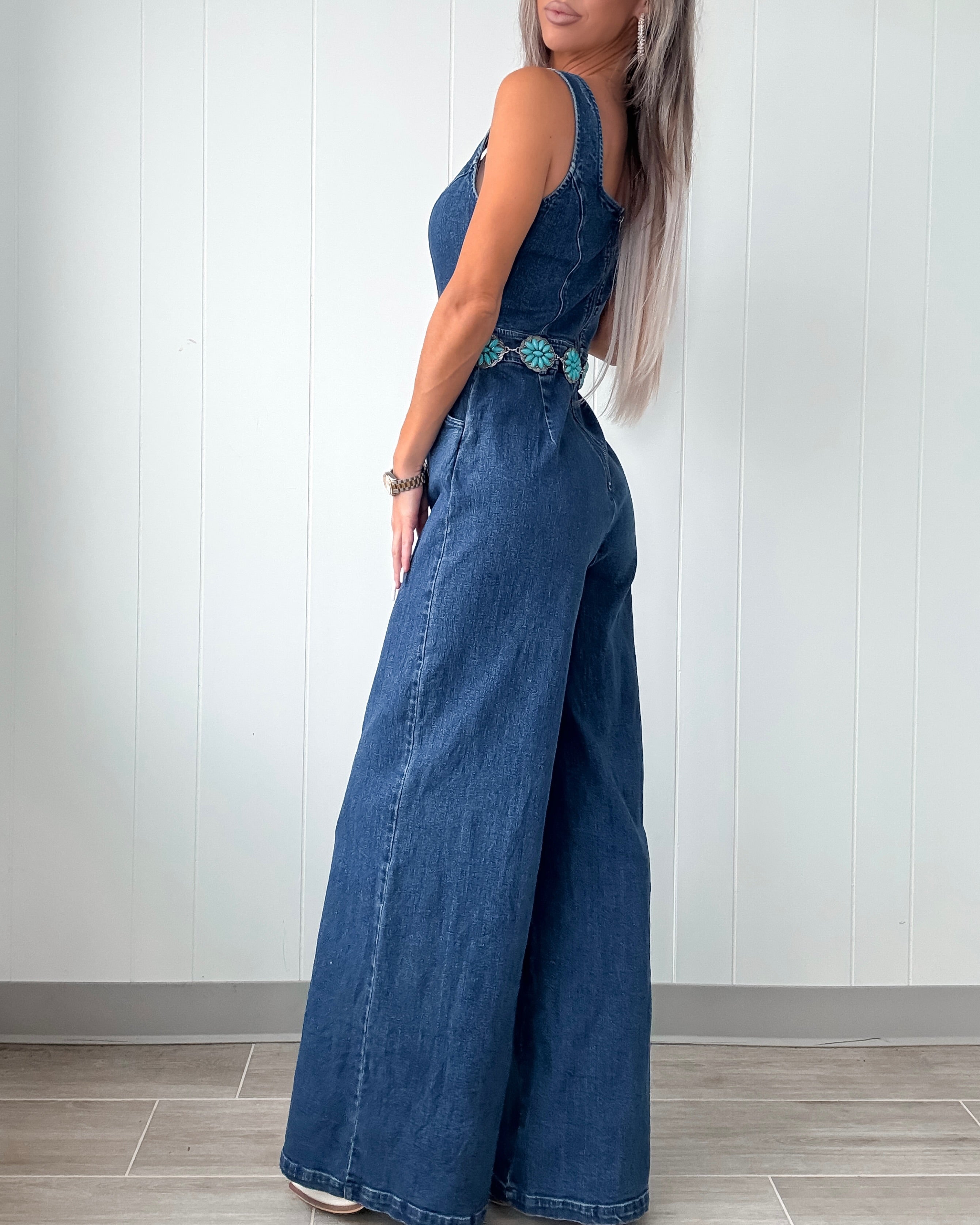 Dixie Flare Denim Jumpsuit - Medium Wash