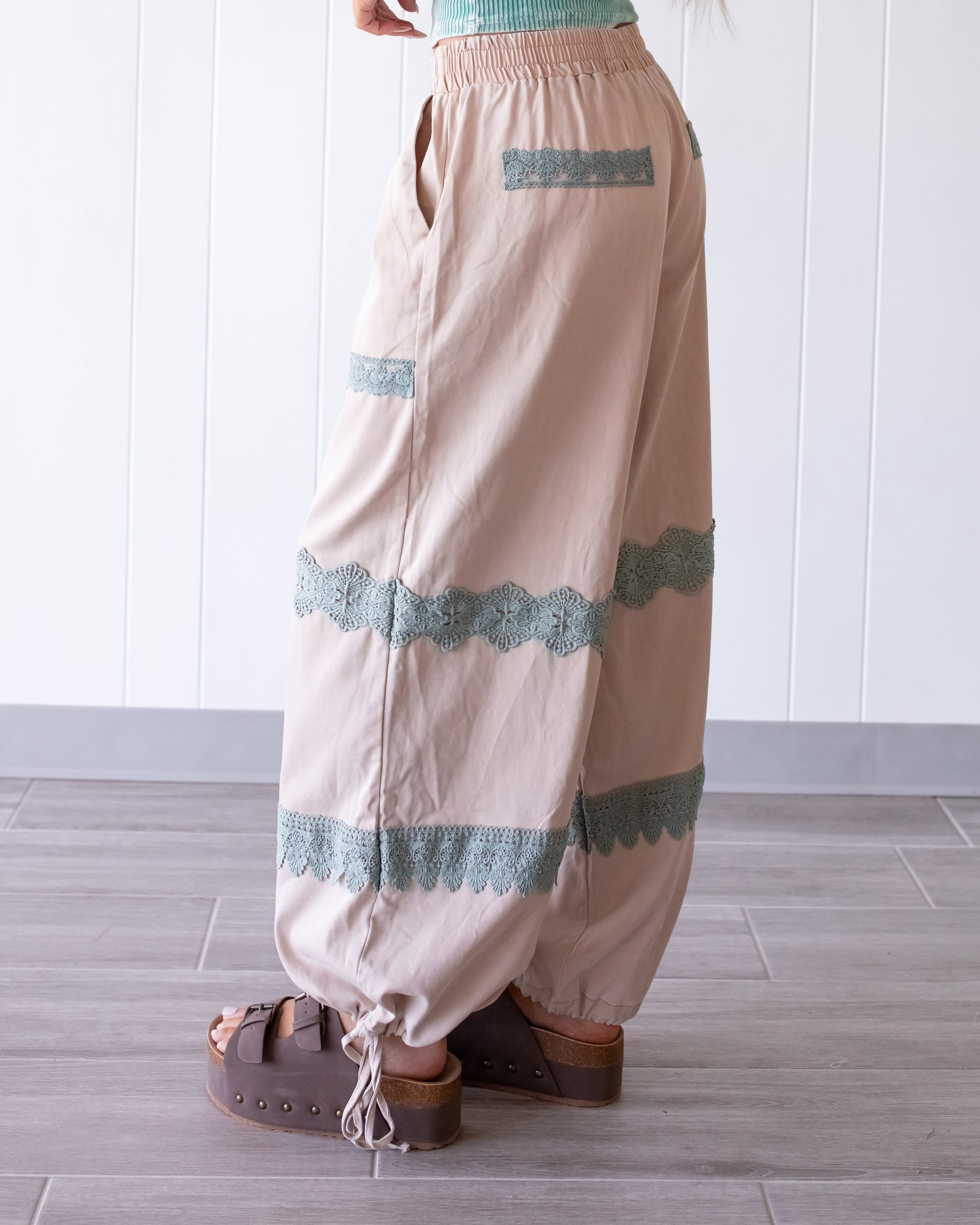 Bella Lace Trim Pants - Beige