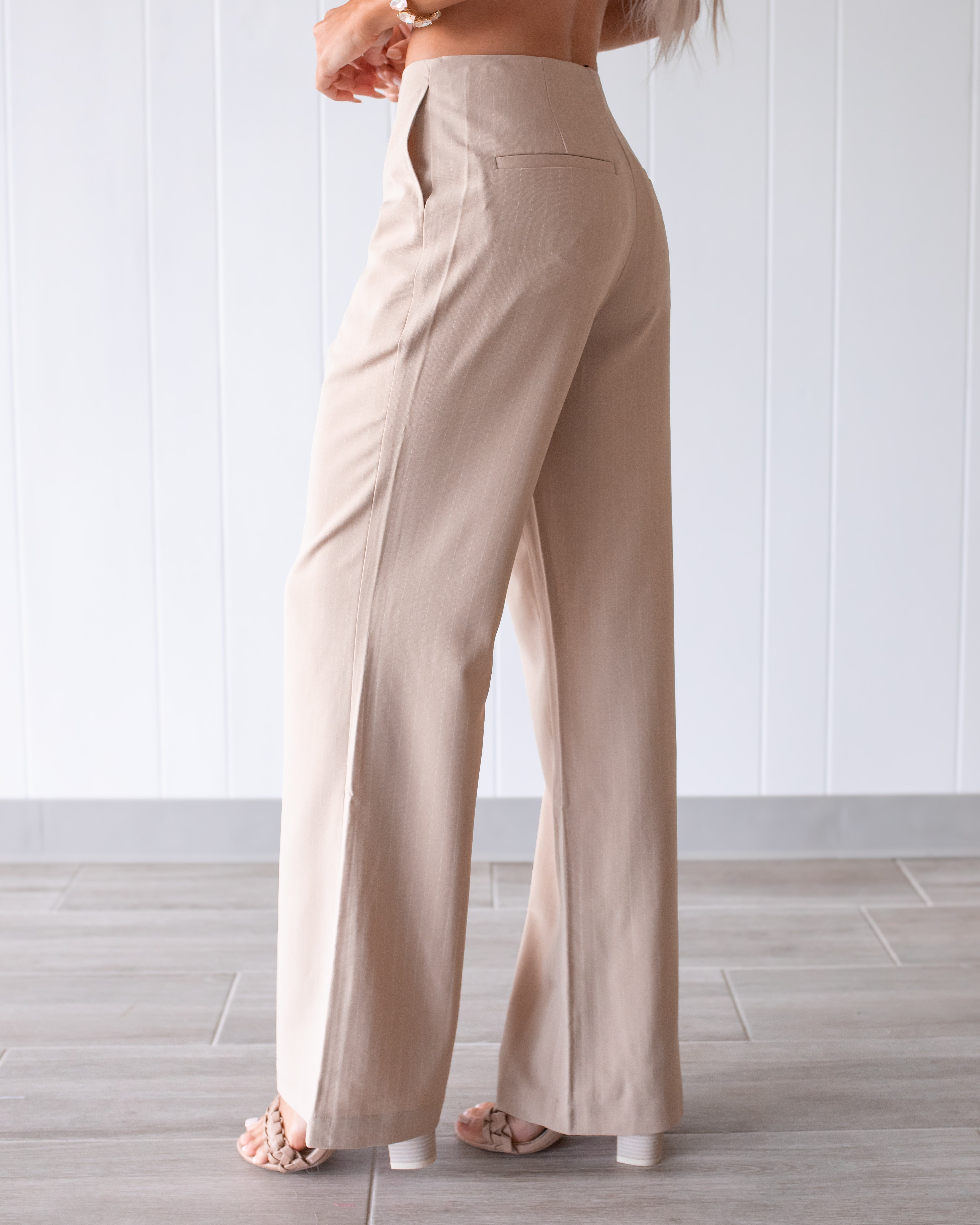 Valencia Pinstripe Wide Leg Trousers - Taupe