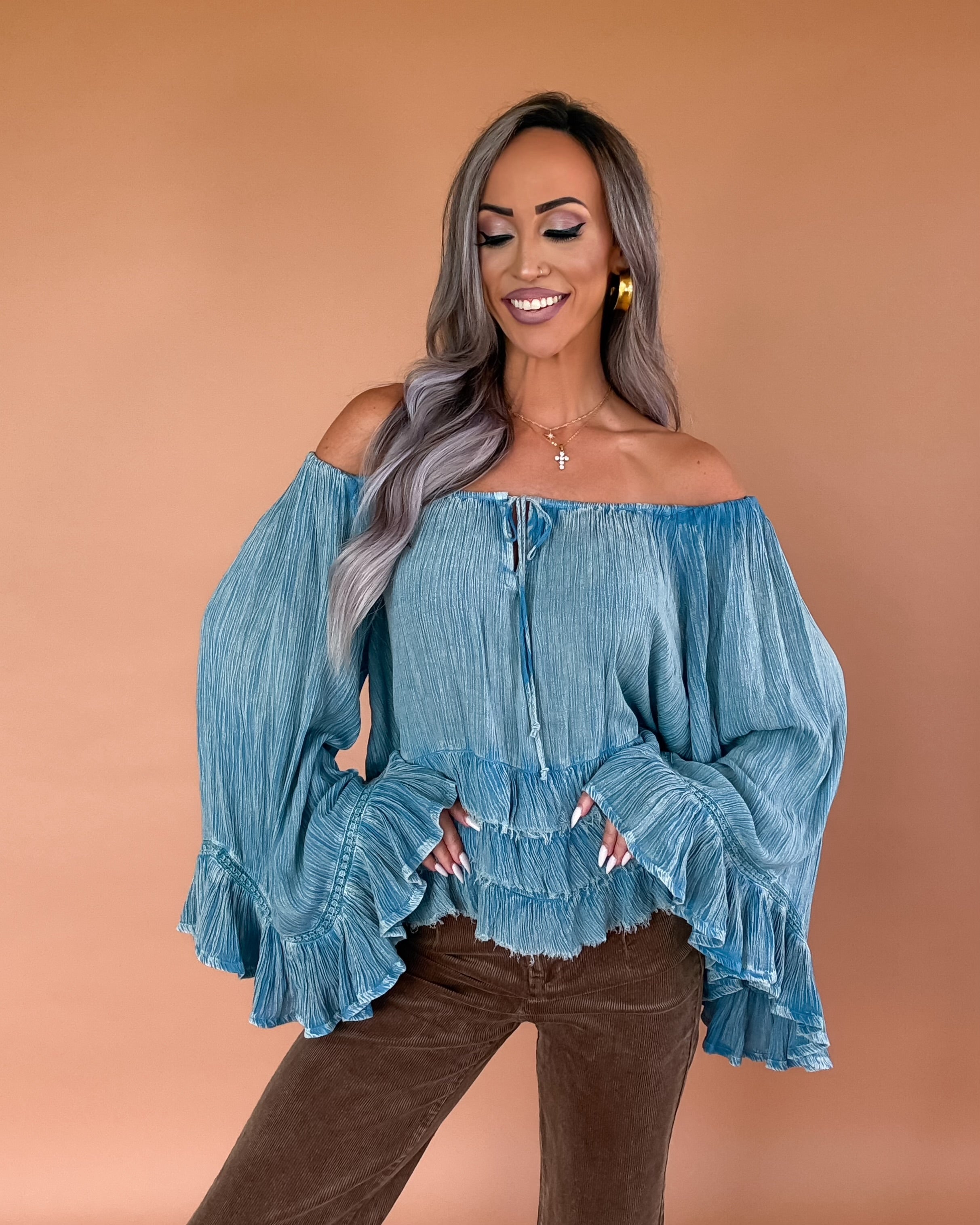 Petal Ruffle Crinkle Top - Denim Blue