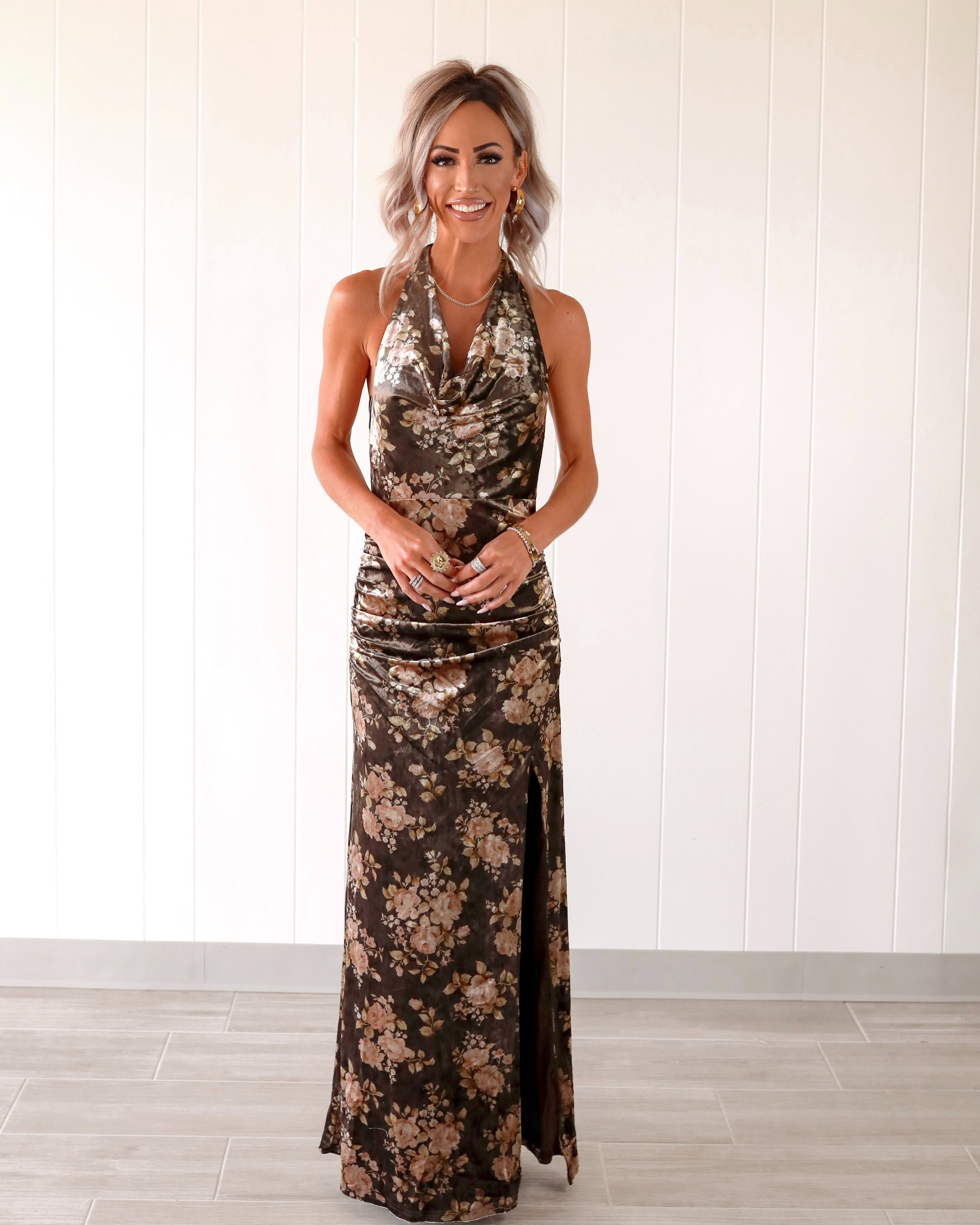 Velvet Bloom Halter Maxi Dress - Mocha