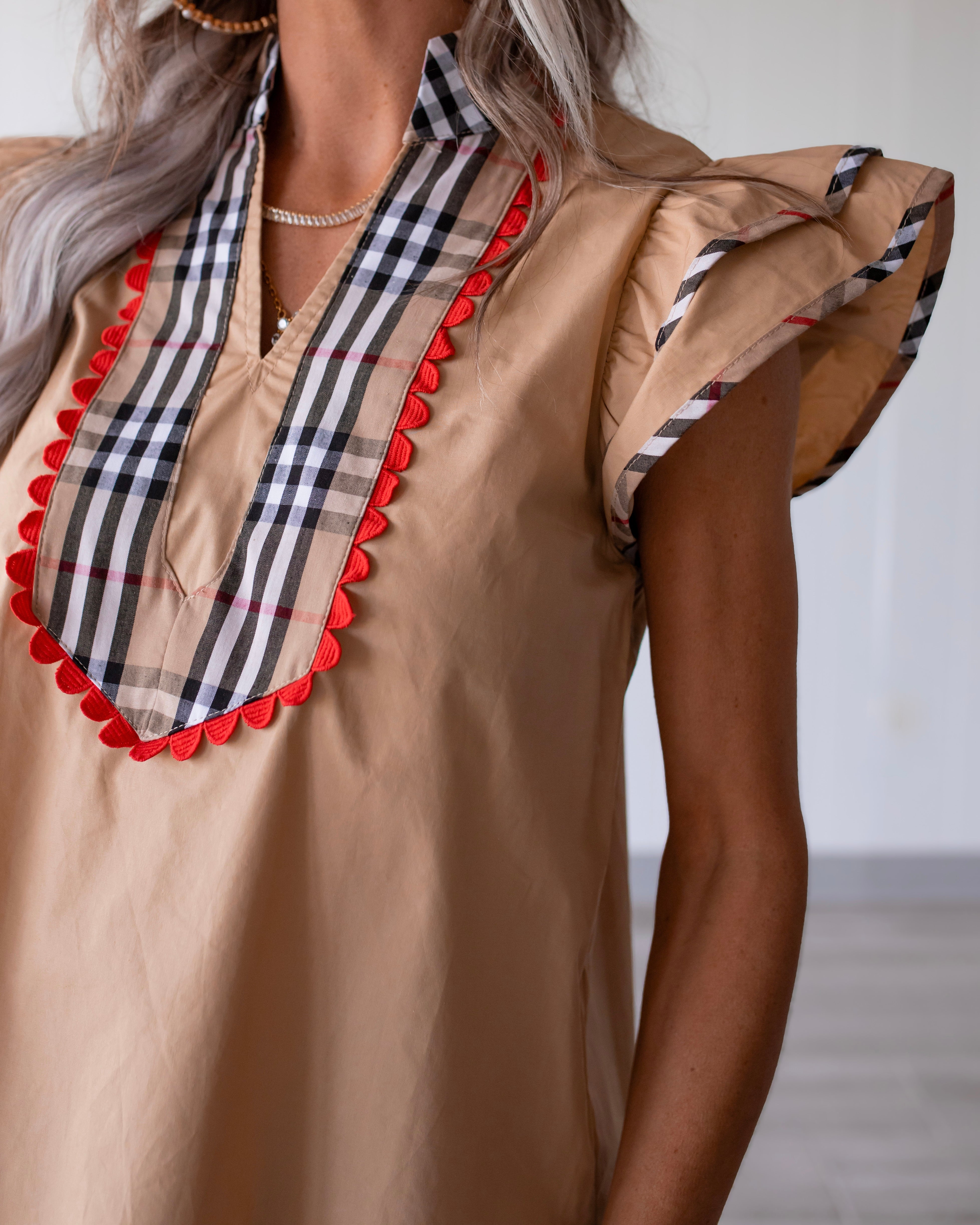 Plaid Contrast Accent Woven Top - Taupe
