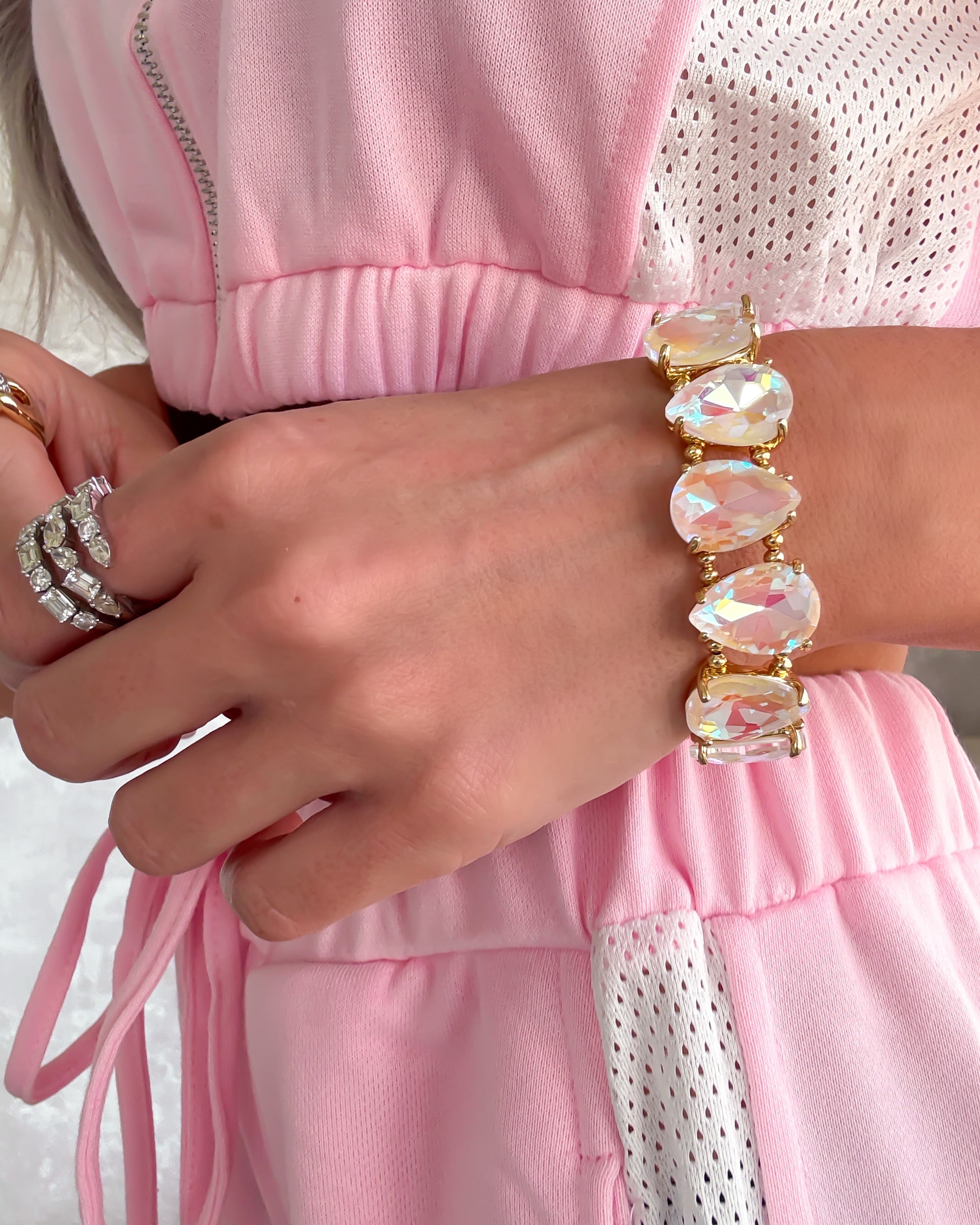 Teardrop Glass Crystal Stretch Bracelet - White/AB