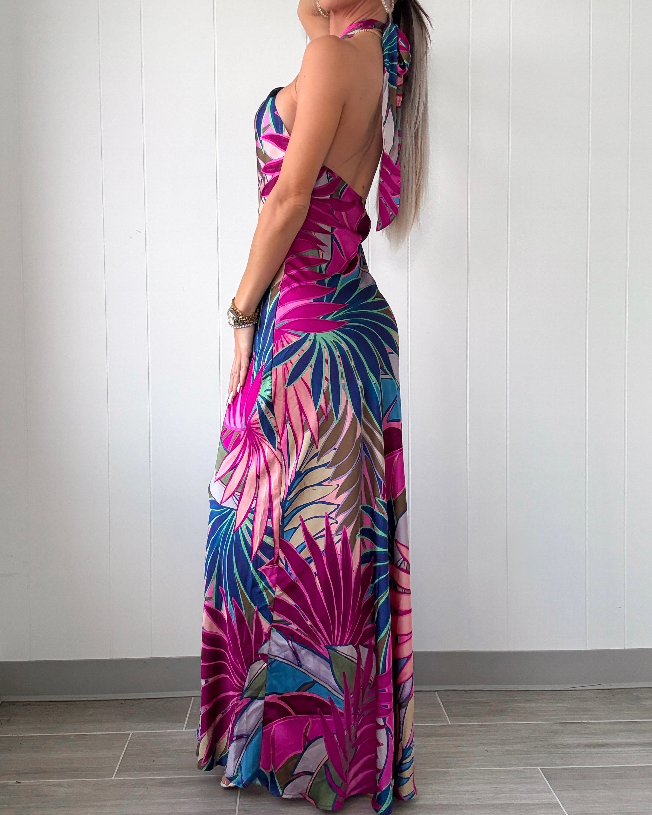 Finesse Halter Neck Open Back Maxi Dress - Tropical Fuchsia