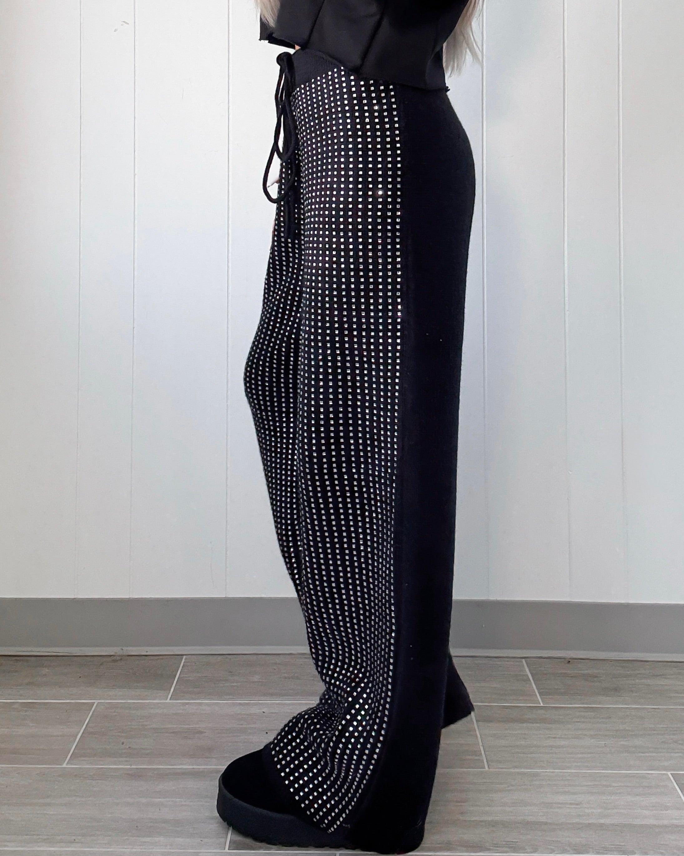 Luxe Lounge Rhinestone Pants - Black