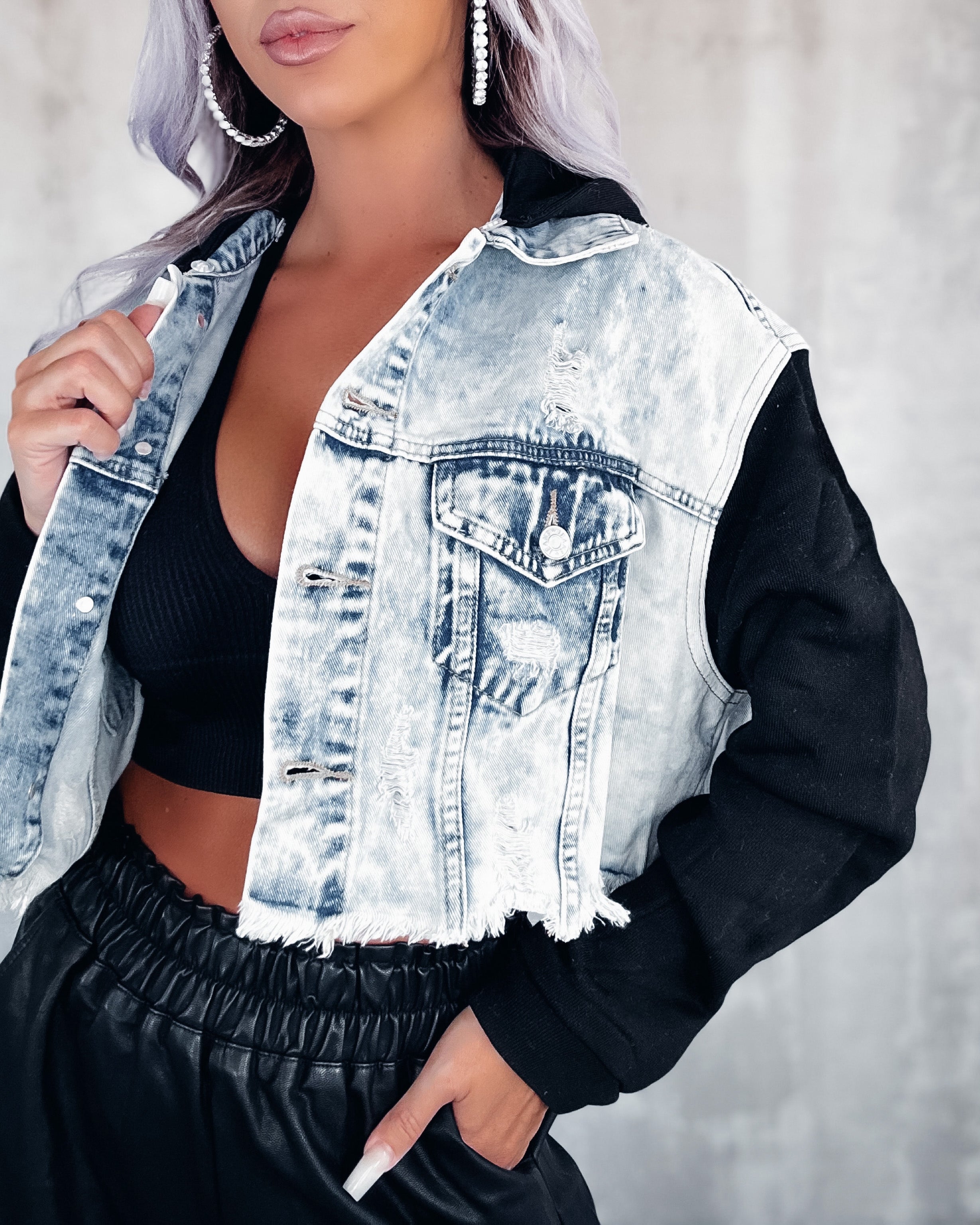 Terry Hooded Cropped Denim Jacket