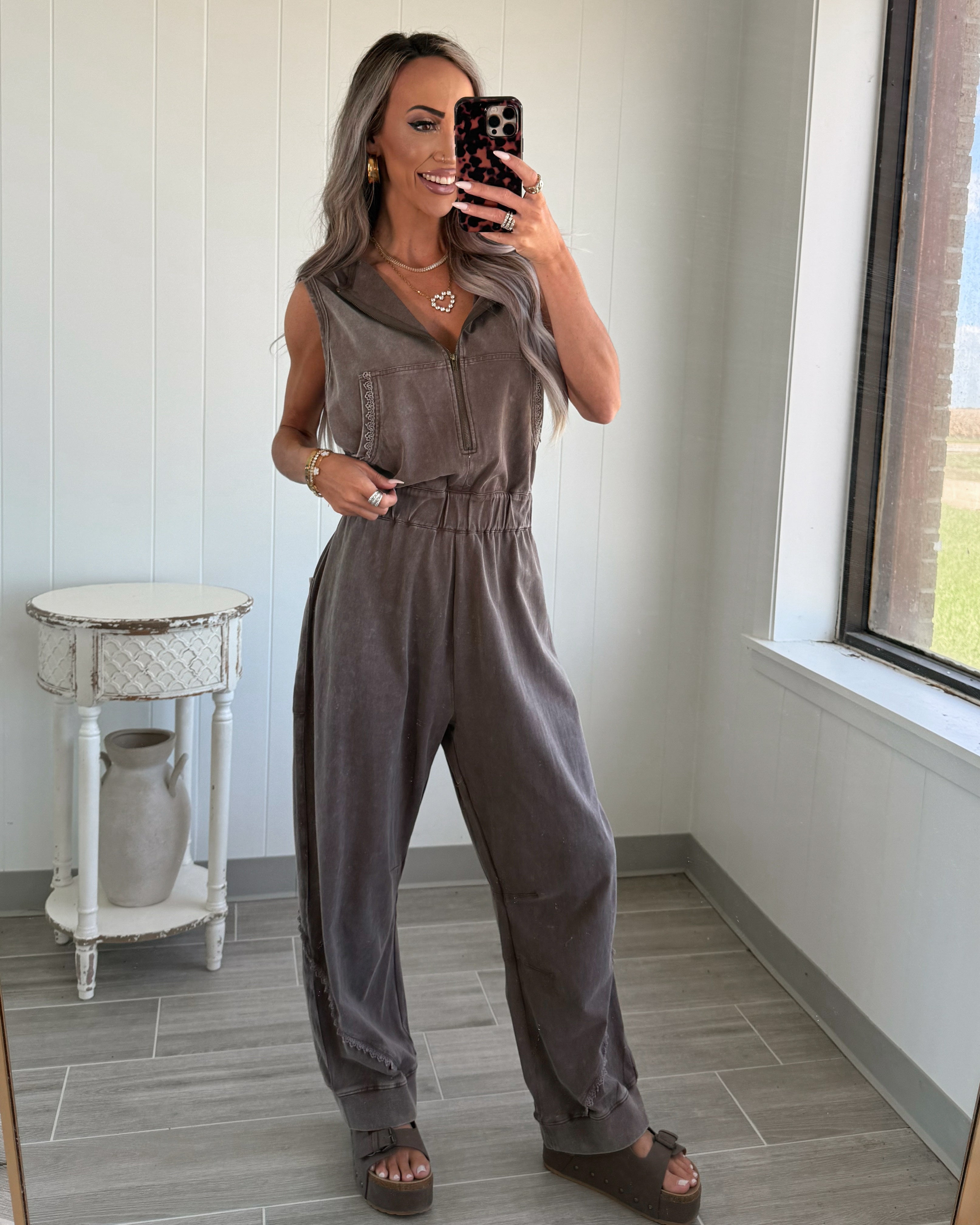 The Hazel Hooded Jogger Jumpsuit - Washed Brown