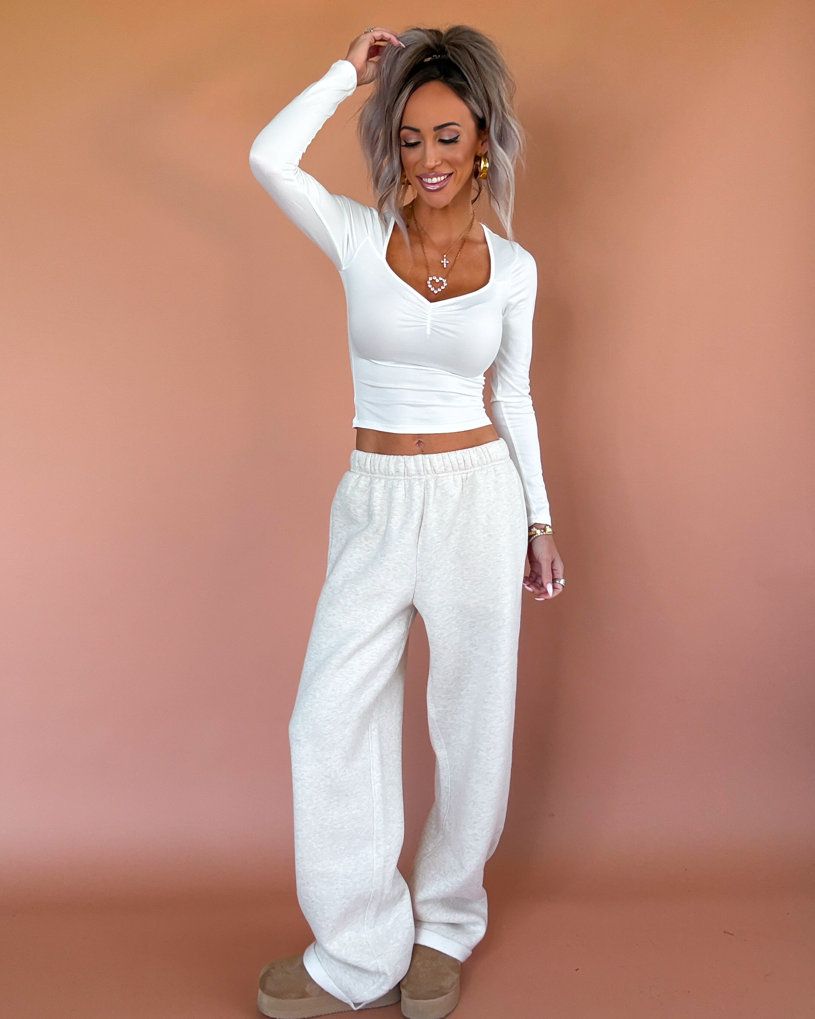 Sweetheart Ruched Long Sleeve Top - White