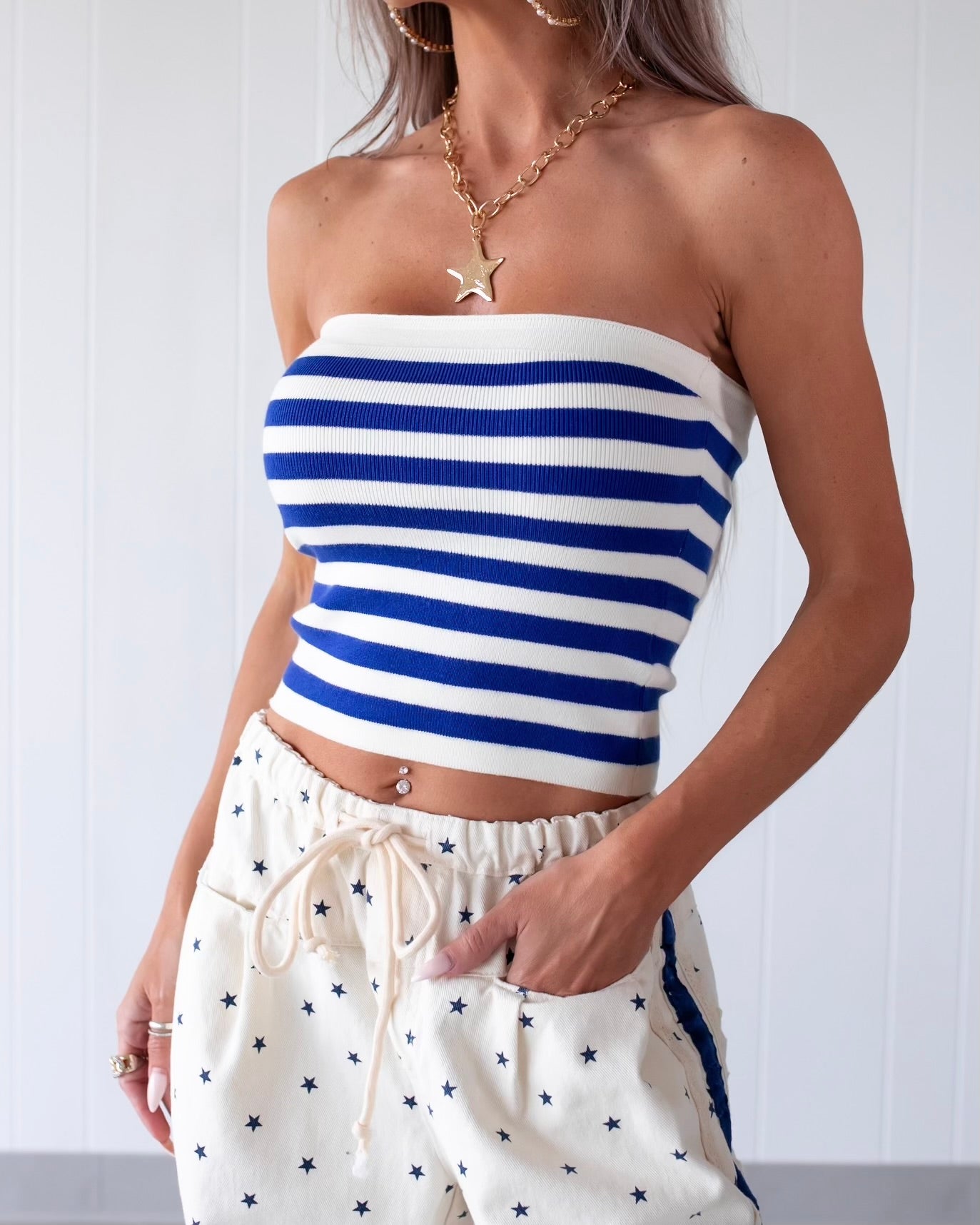 Stripe & Shine Tube Top - Blue/Ivory