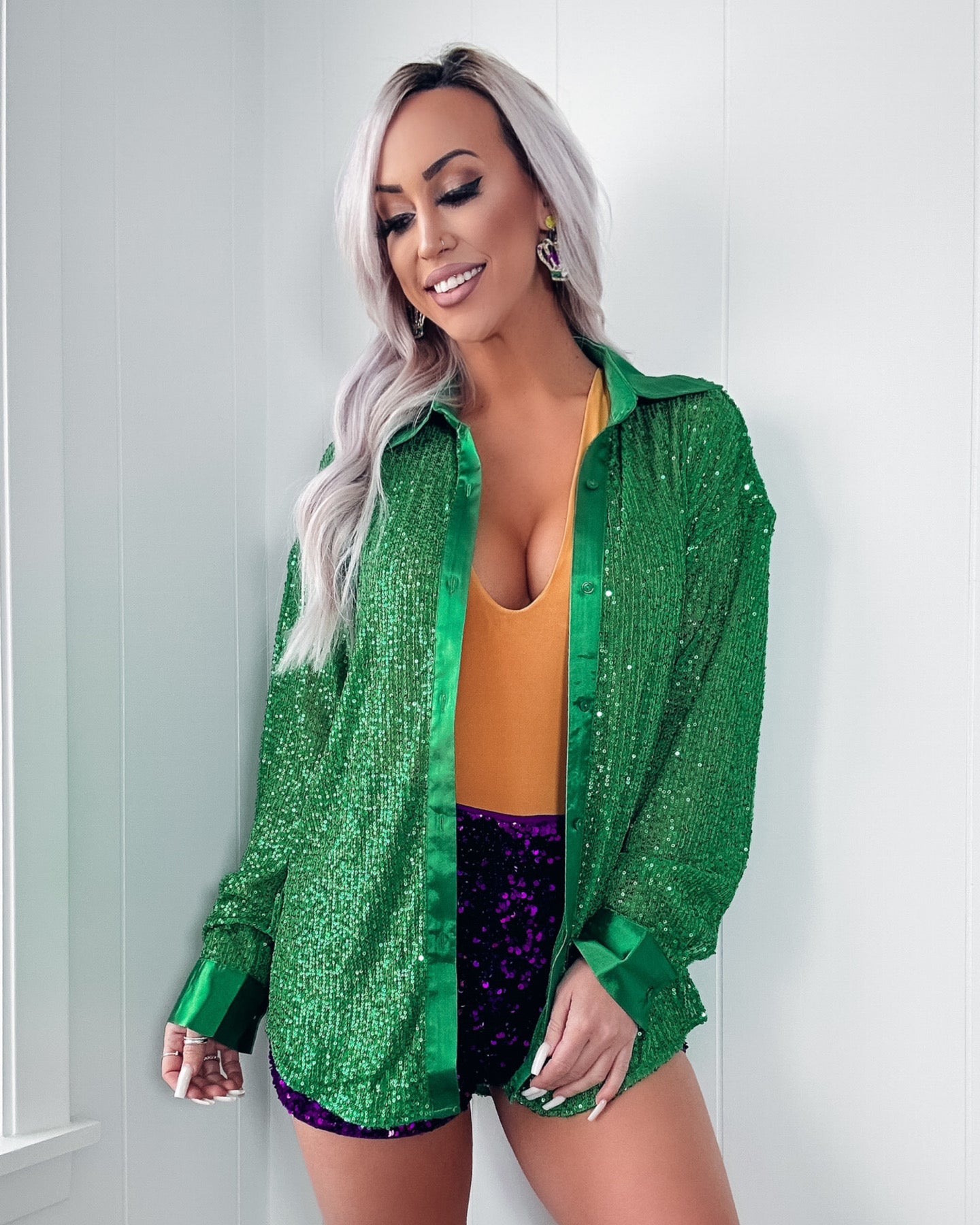 Masked Marvelry Sequin Button Down Top - Green