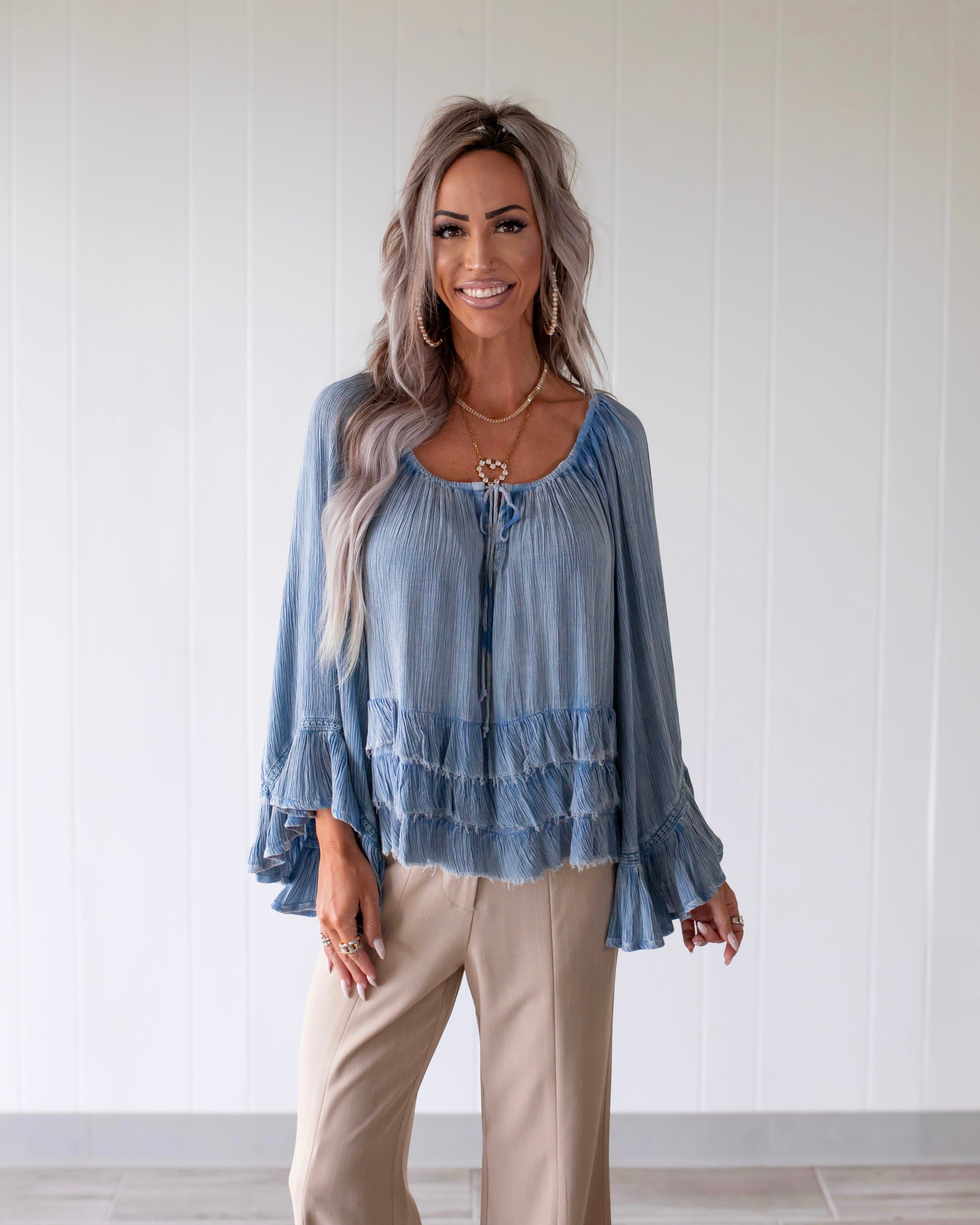 Petal Ruffle Crinkle Top - Denim Blue