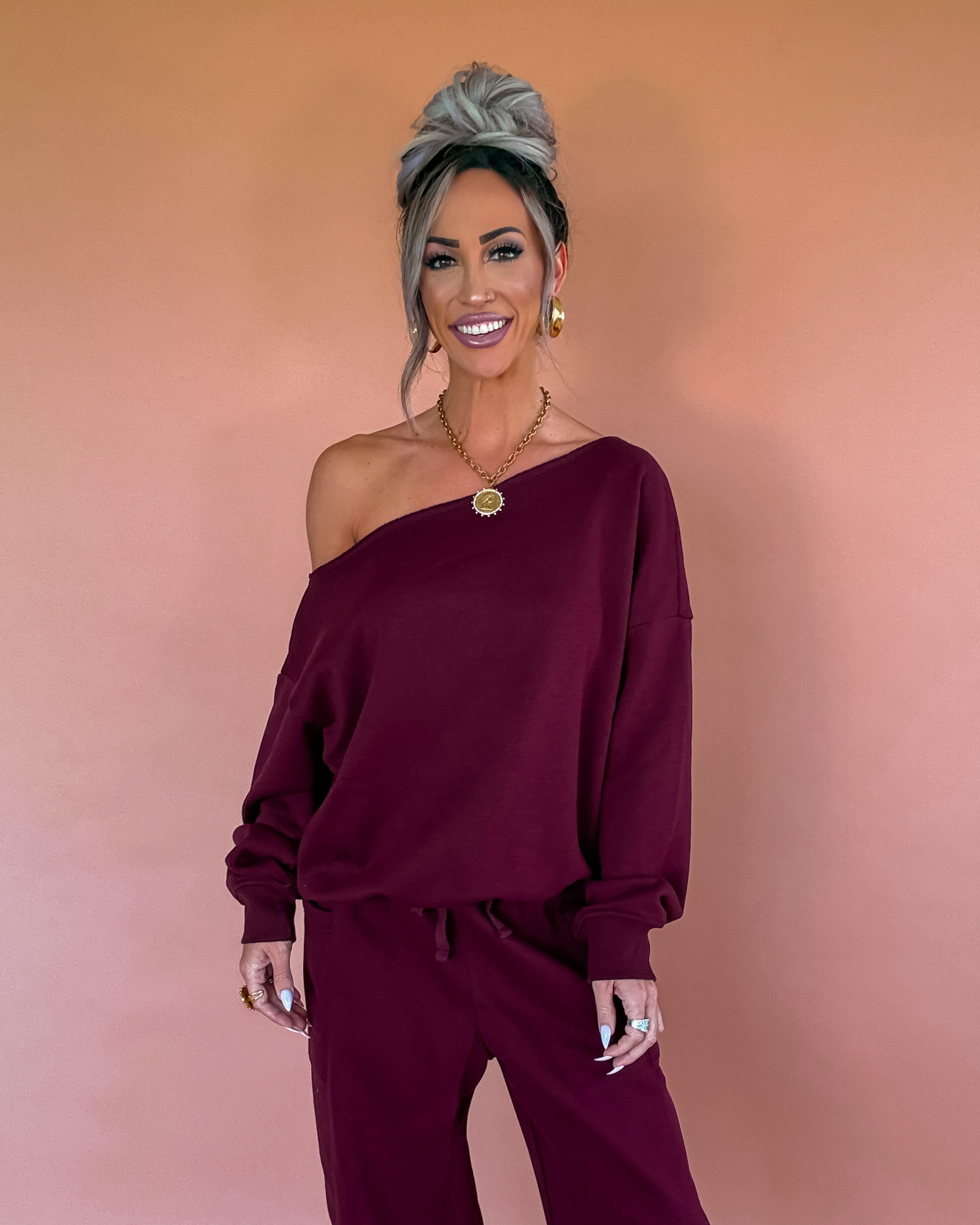 Weekend Crush Fleece Off Shoulder Top - Dark Cherry