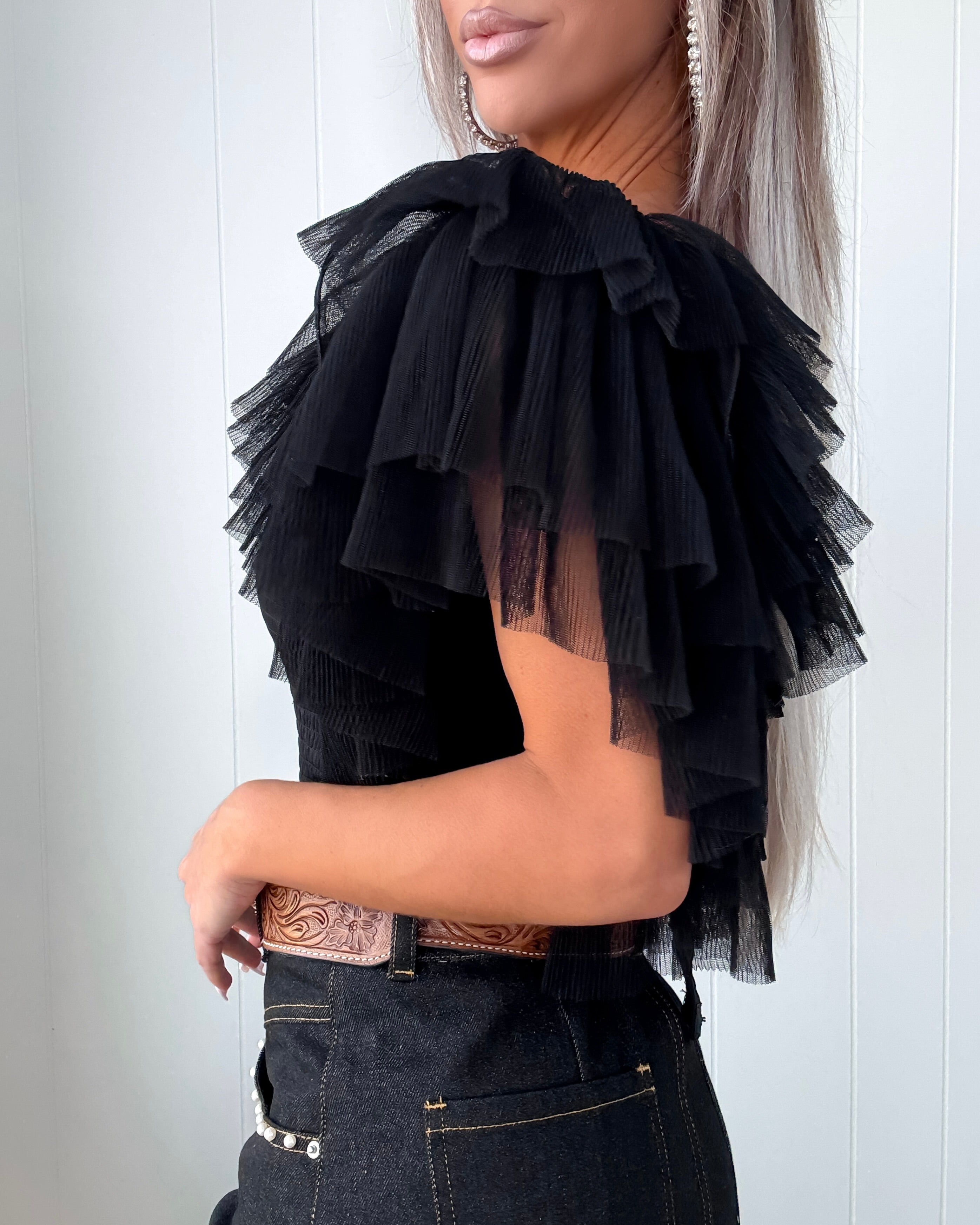 Romantic Ruffle Accent Bodysuit - Black