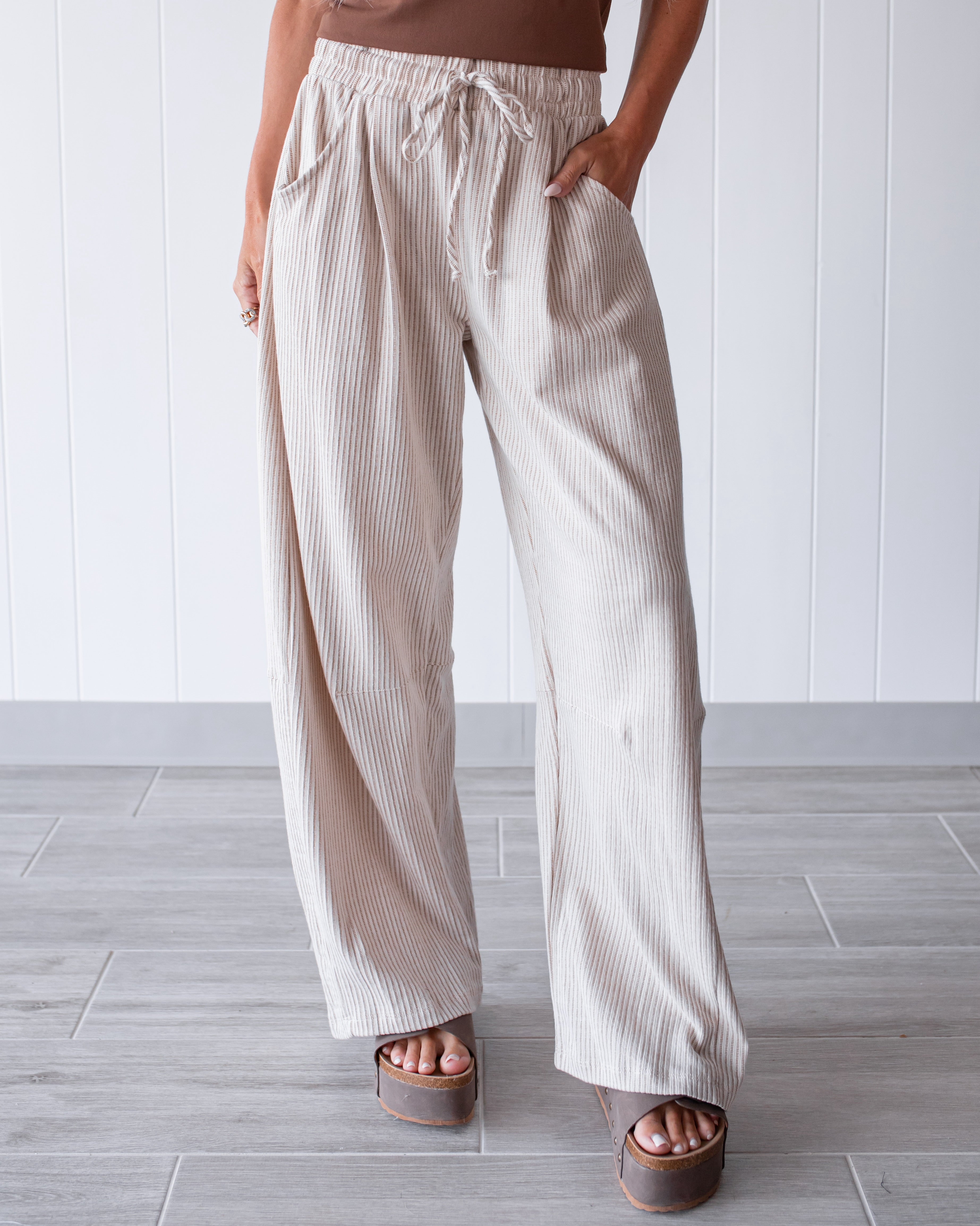 Bow Down Stripe Drawstring Pants - Taupe