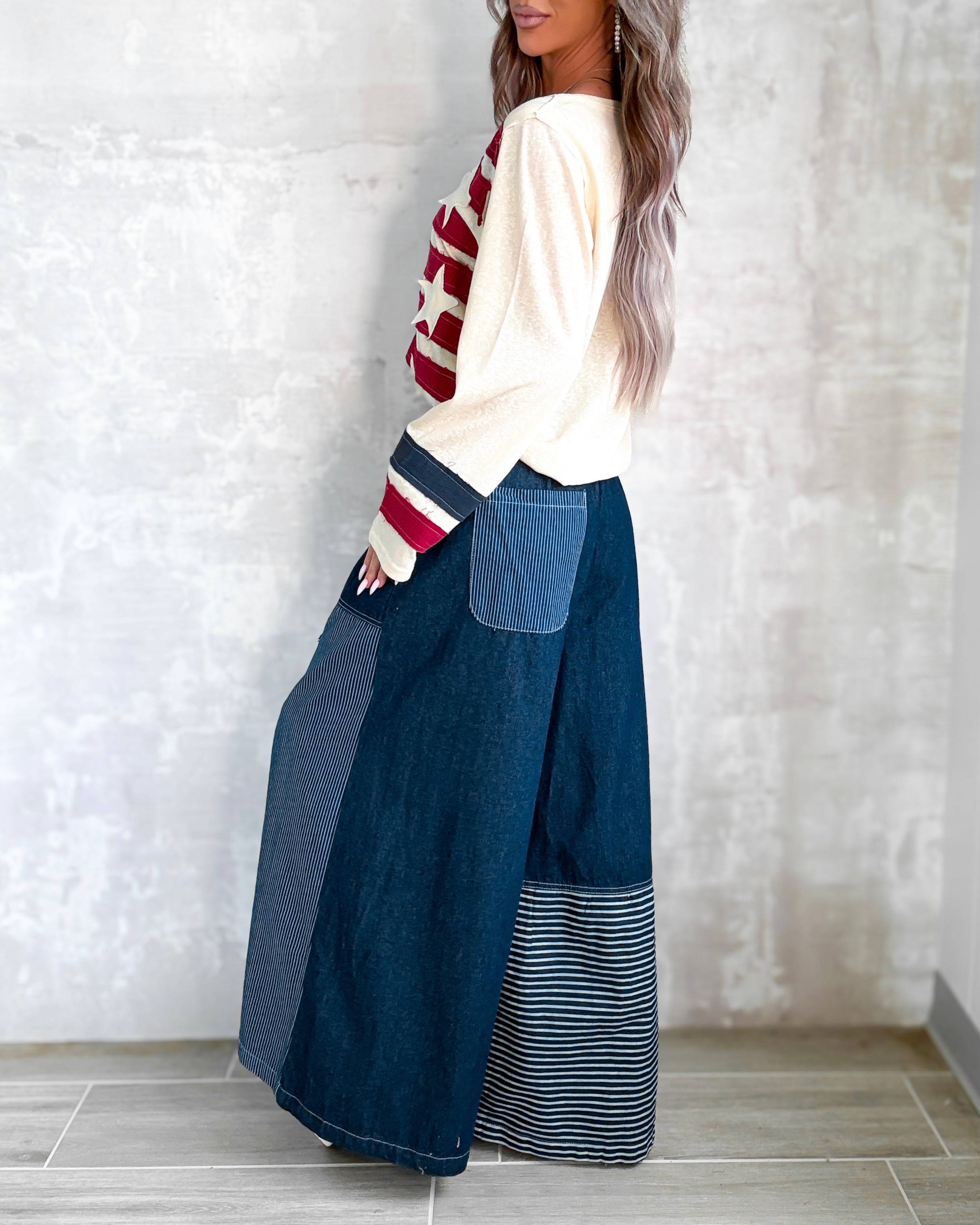 Liberty Bell Frayed Star Patch Wide Leg Pants - Denim