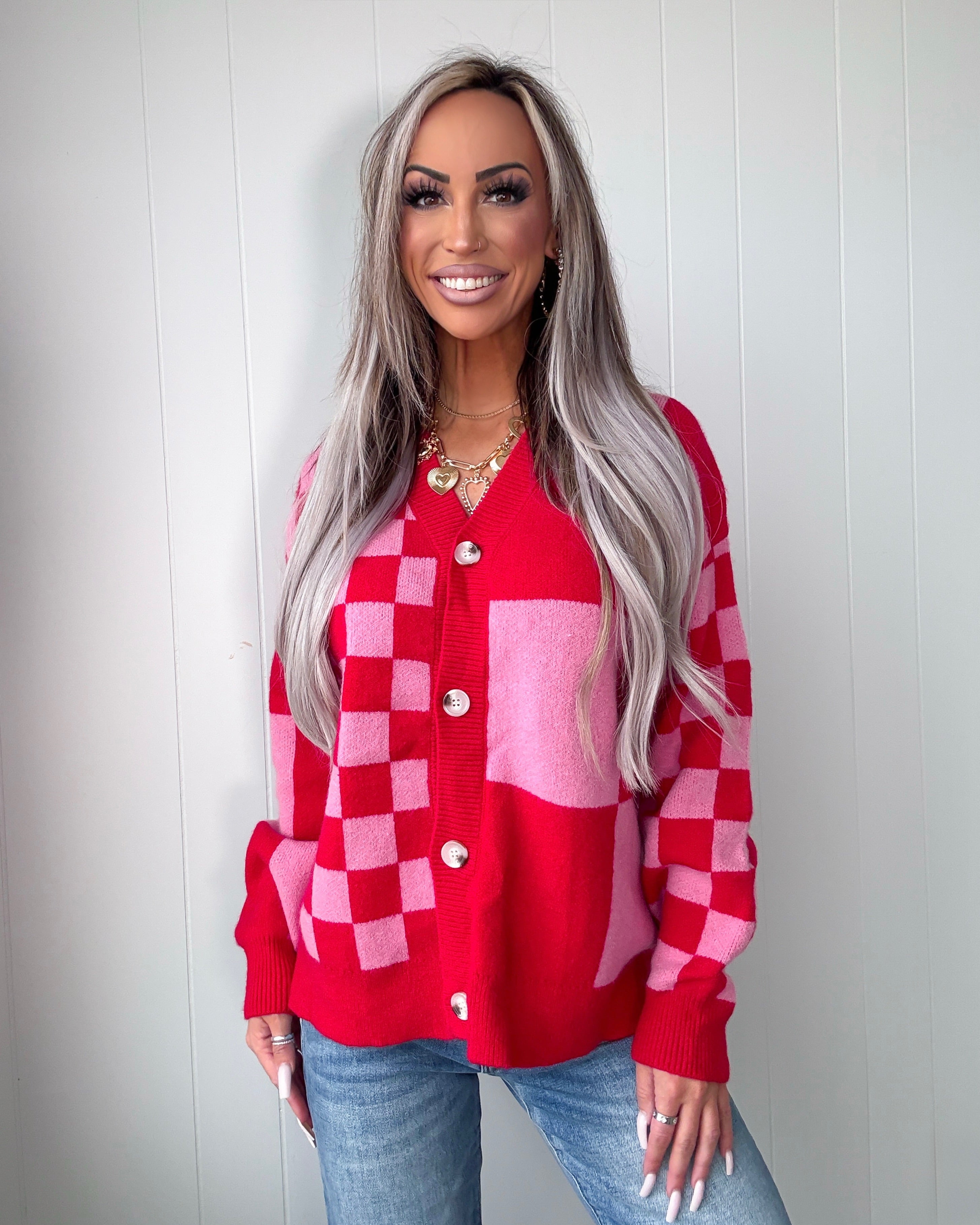 True Romance Checkered Cardigan - Red/Pink