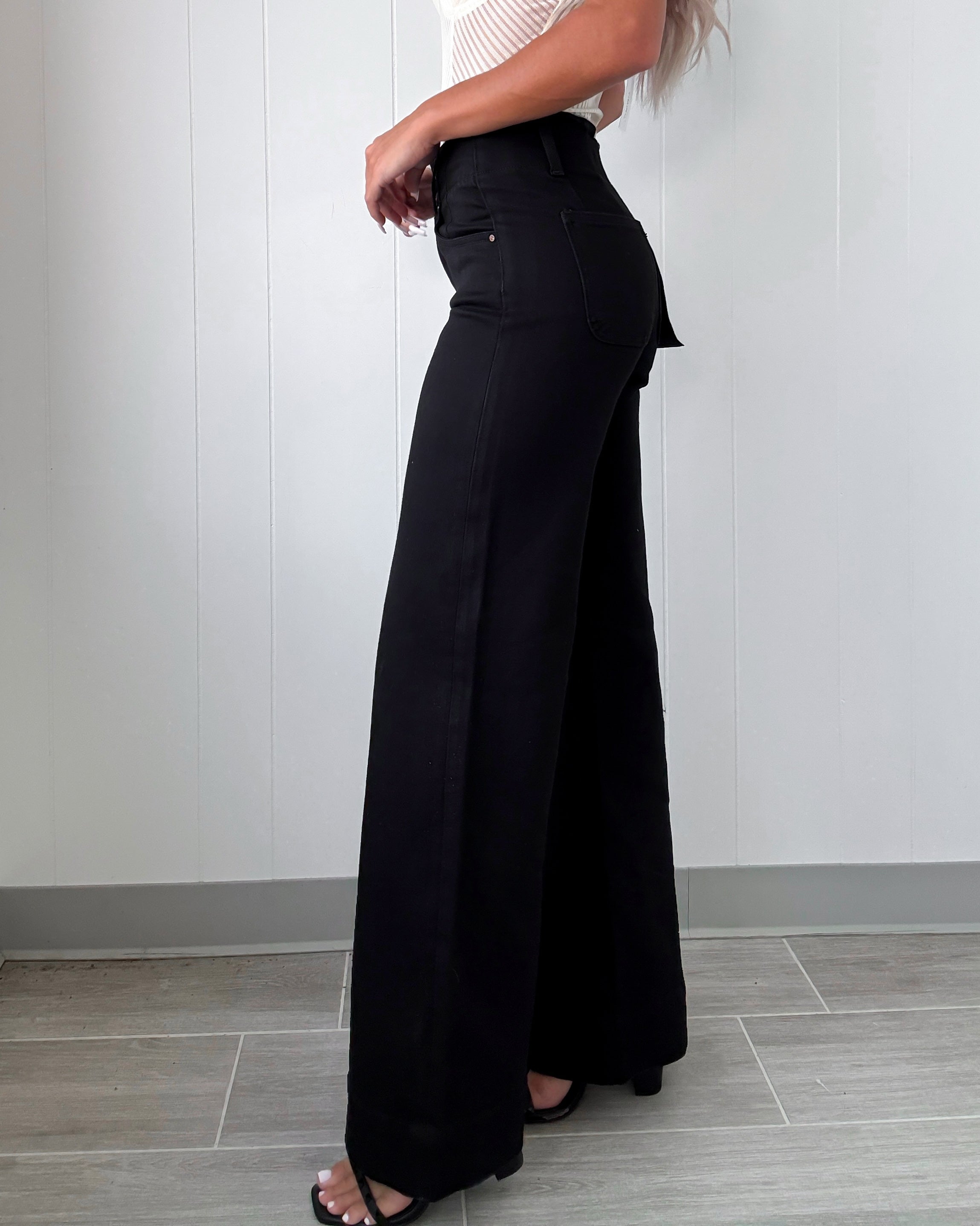 Rebel Double Button Wide Leg Jeans Black Bar T Boutique LLC
