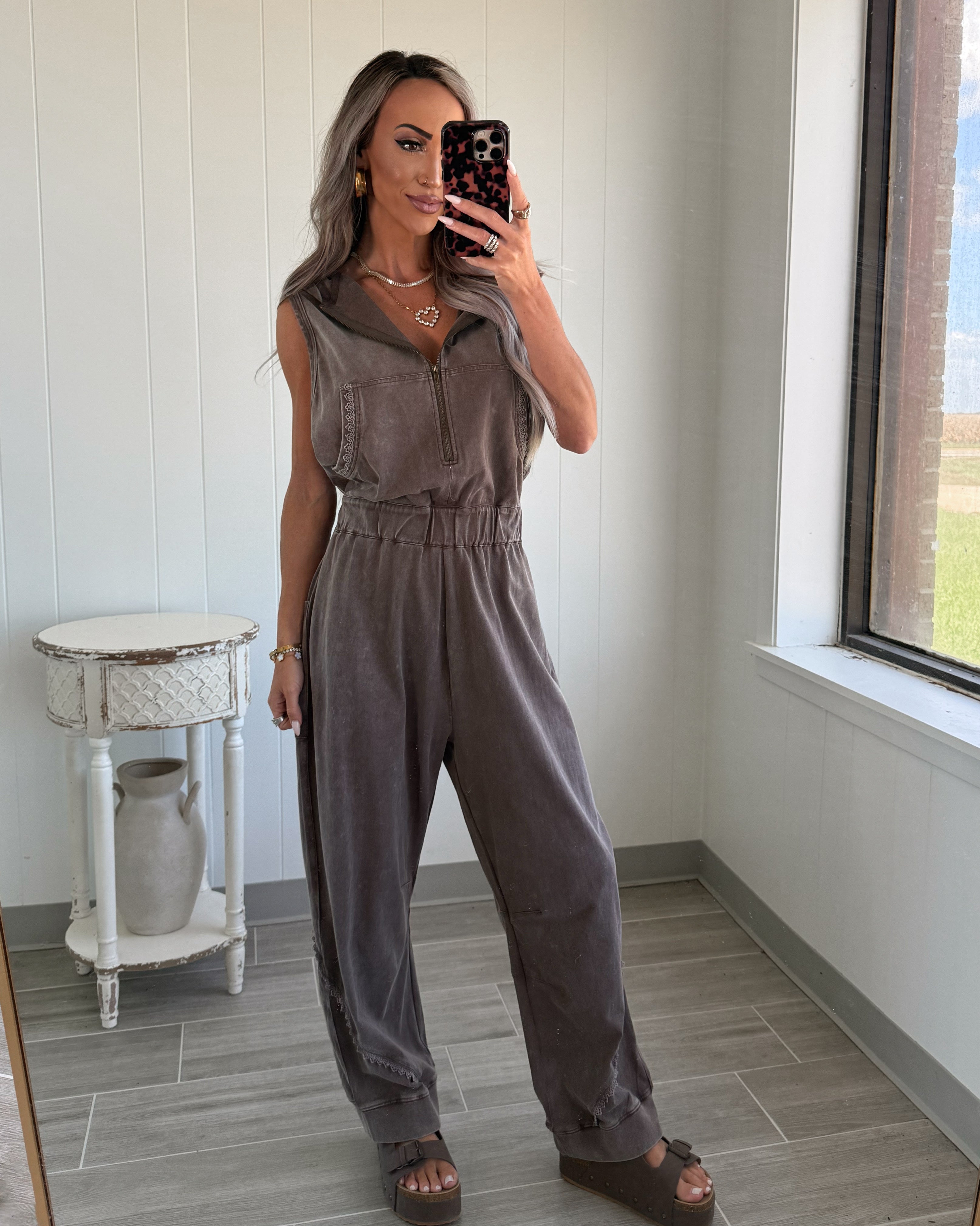 The Hazel Hooded Jogger Jumpsuit - Washed Brown