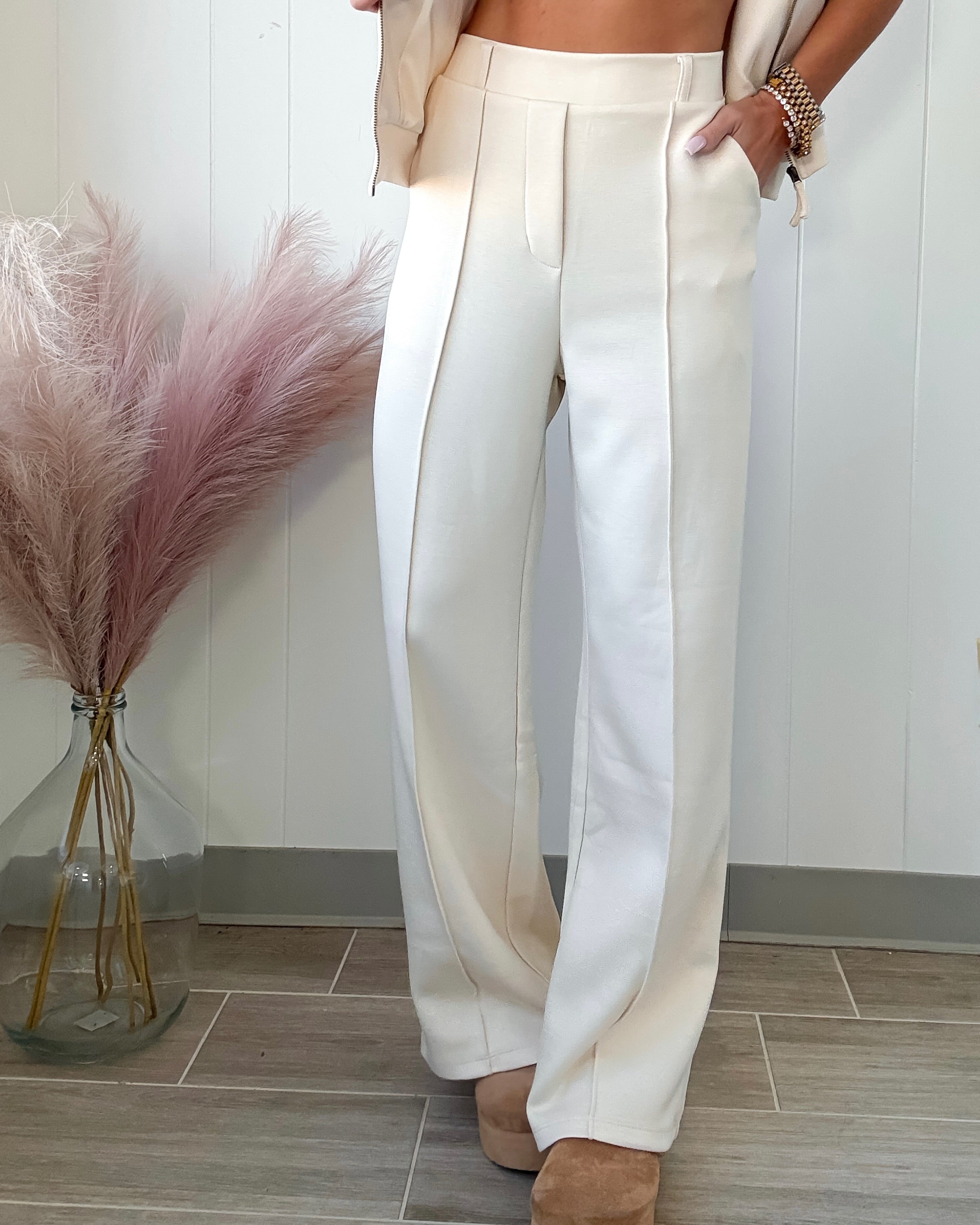 Classic Pintuck Elastic Waist Pants - Ecru