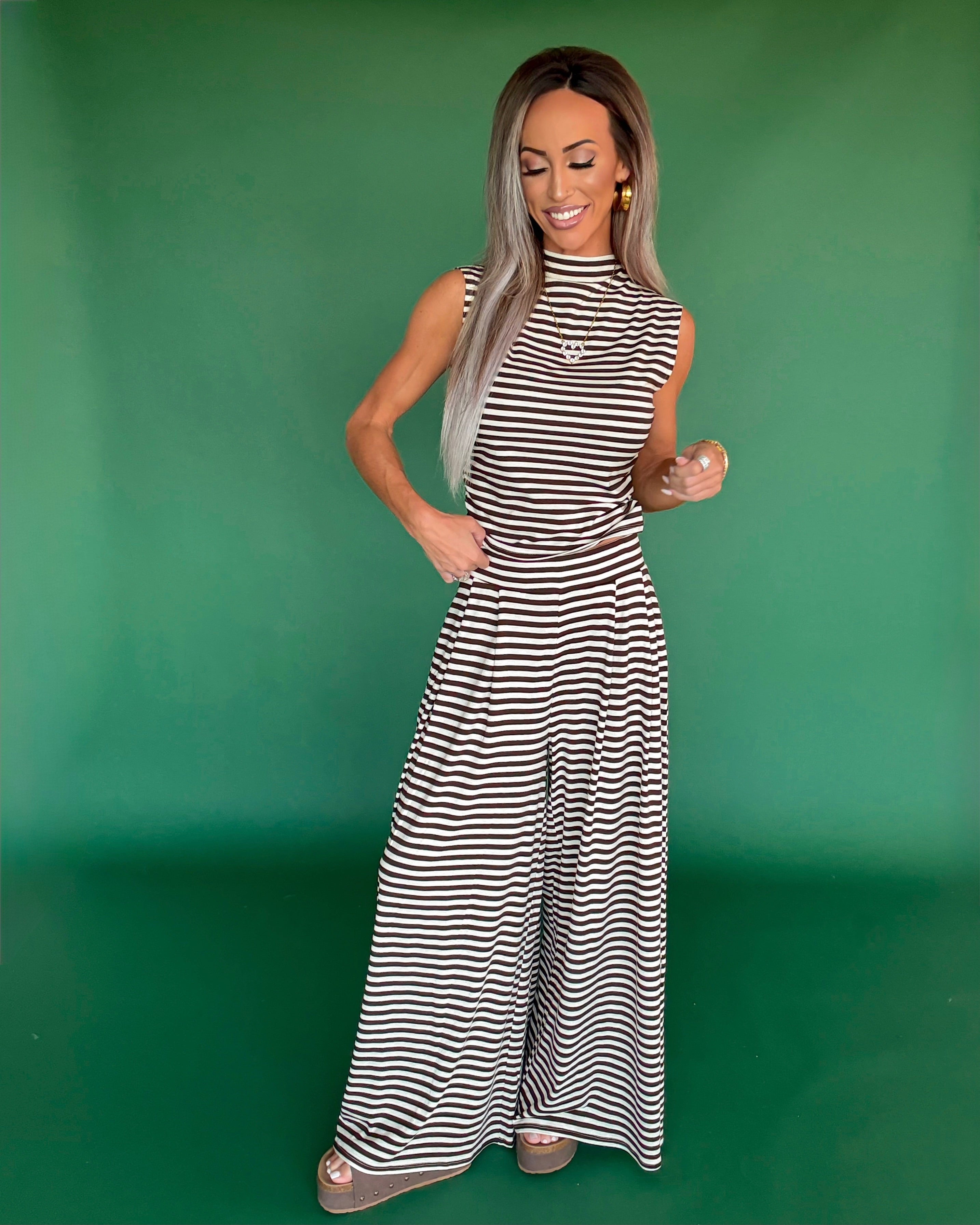Brown Sugar Babe Striped Wide Leg Pants - Cream/Brown