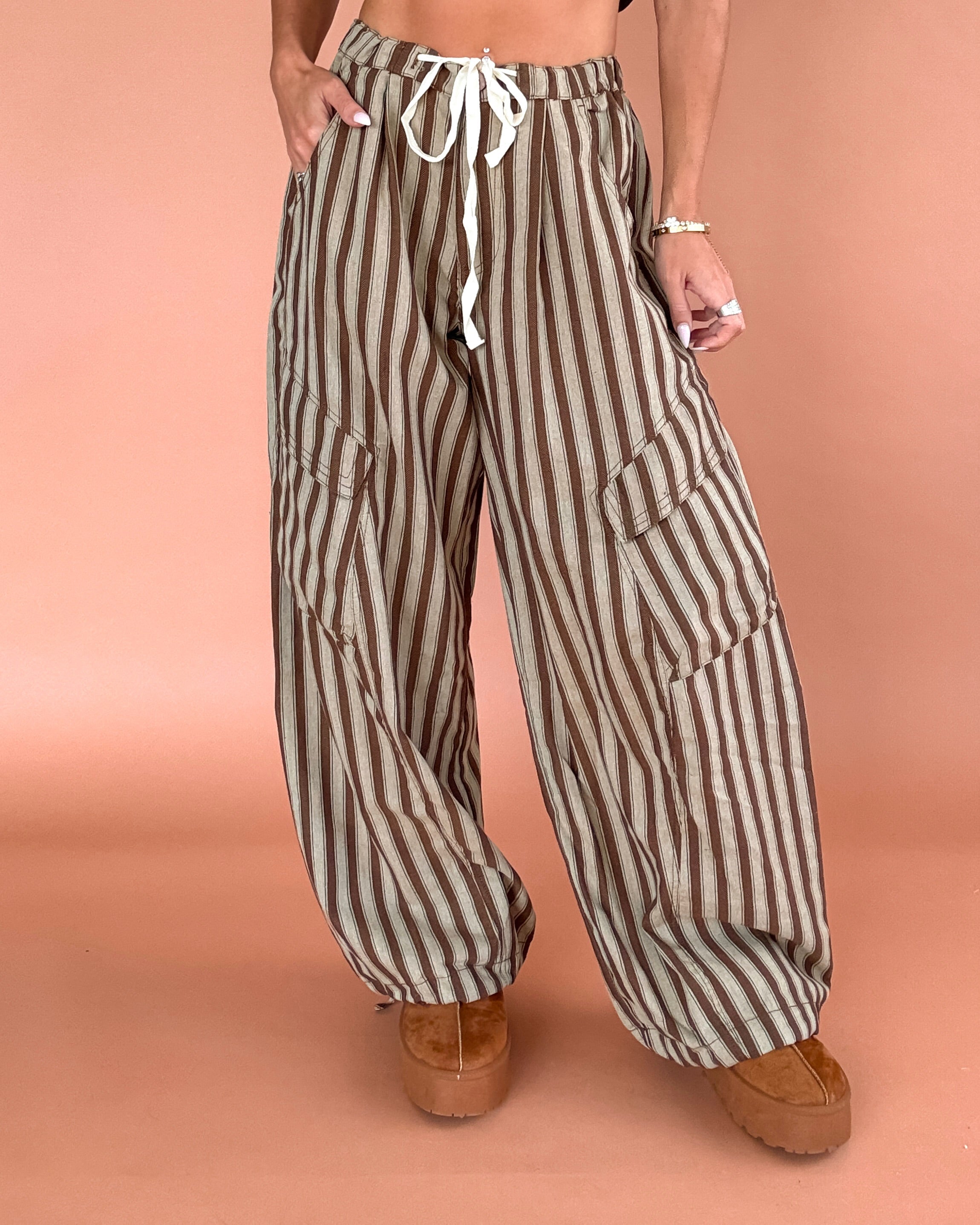 Chic Cargo Striped Wide Leg Pants - Taupe