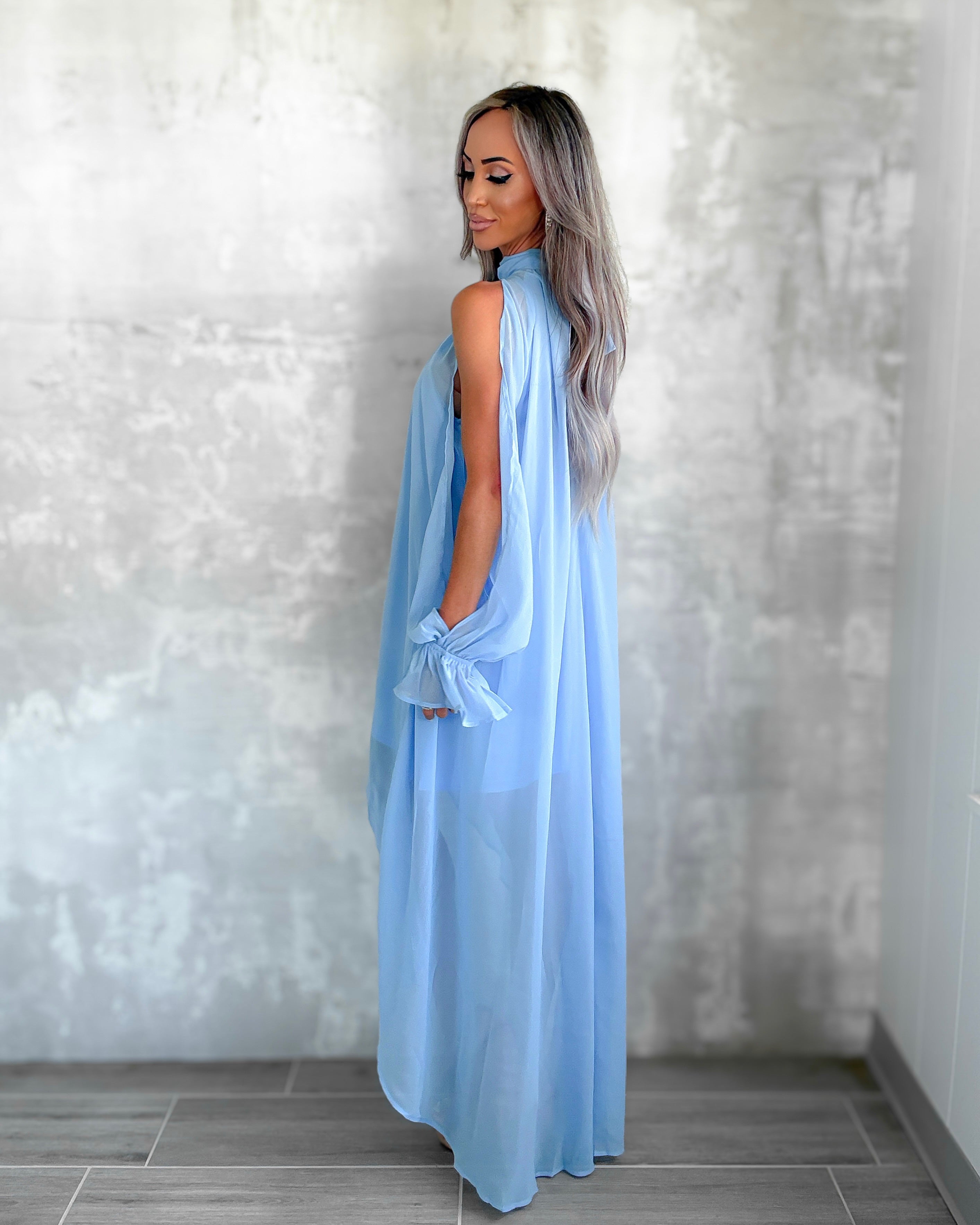 blue high low maxi dress Jewel Badgley Mischka Mia Pleated High Neck High Low Maxi Dress Dress