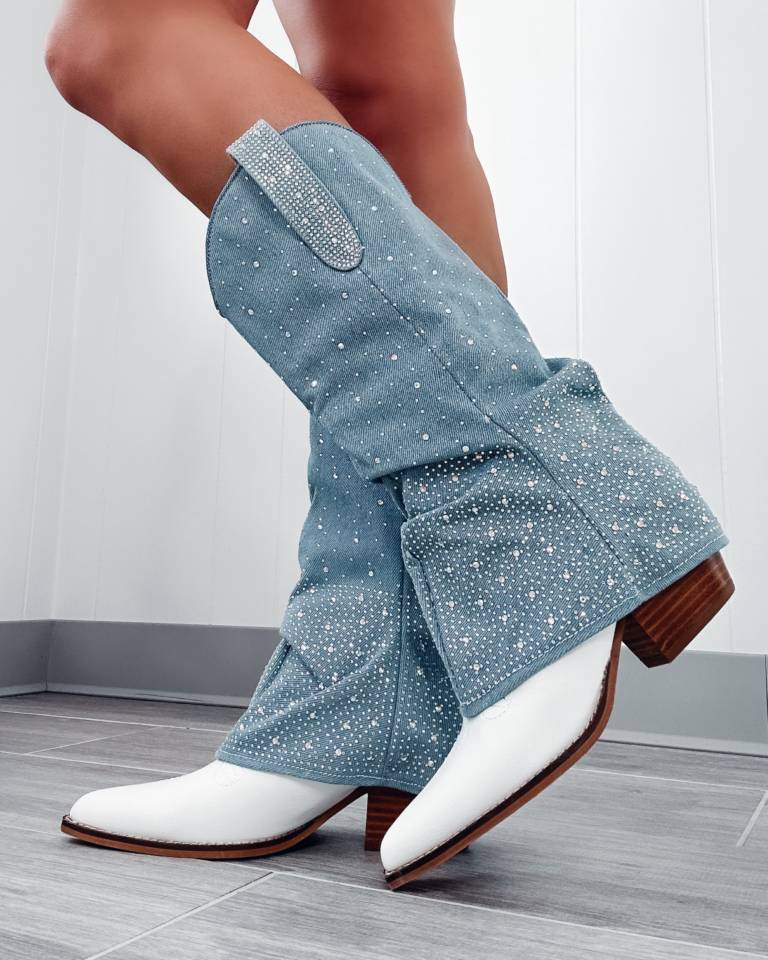 Brandy Denim Fold Over Boots - White/Blue