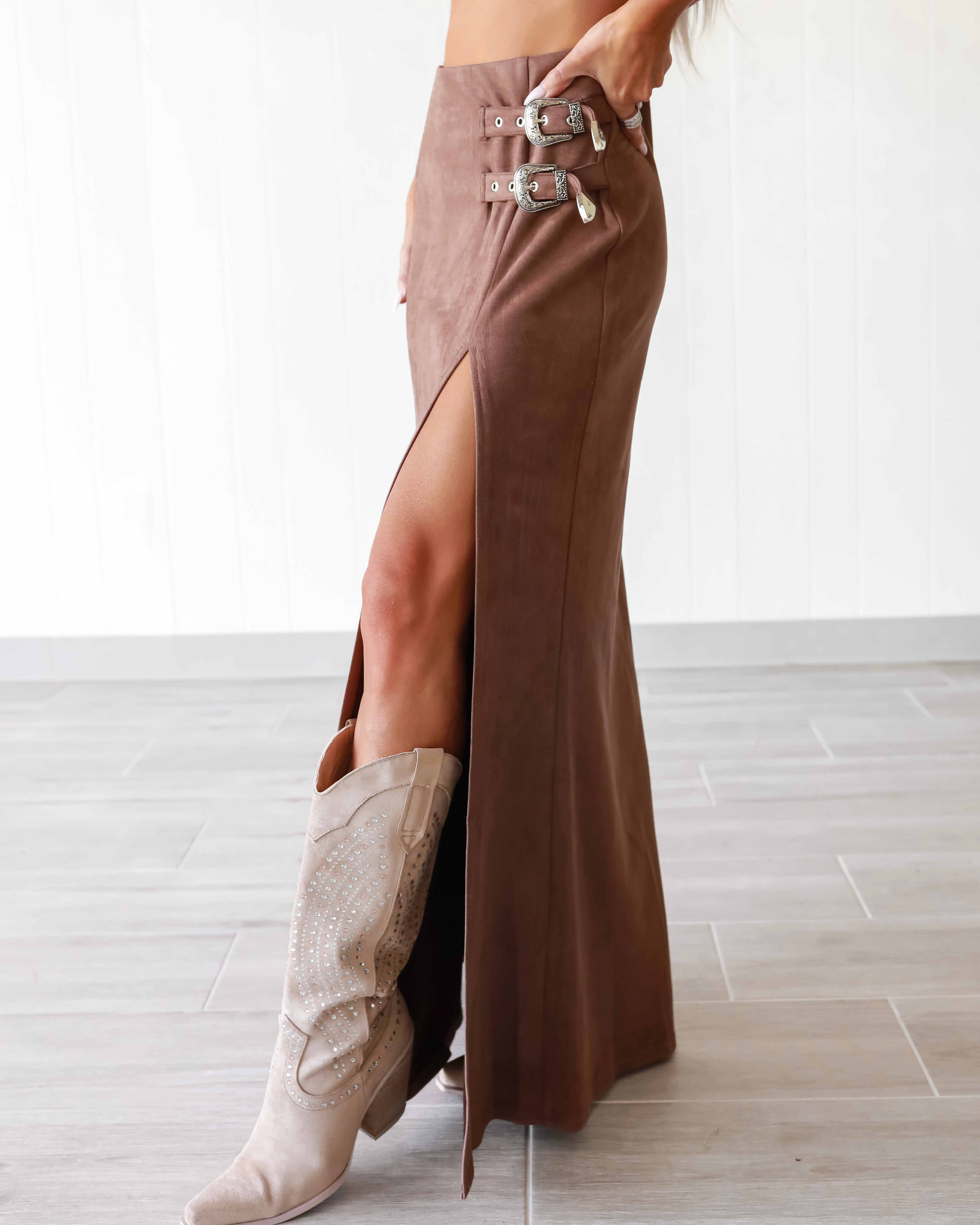Risk Taker Buckle Suede Skirt - Brown
