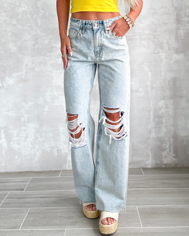Devan Distressed Wide Leg Jeans - Light Wash