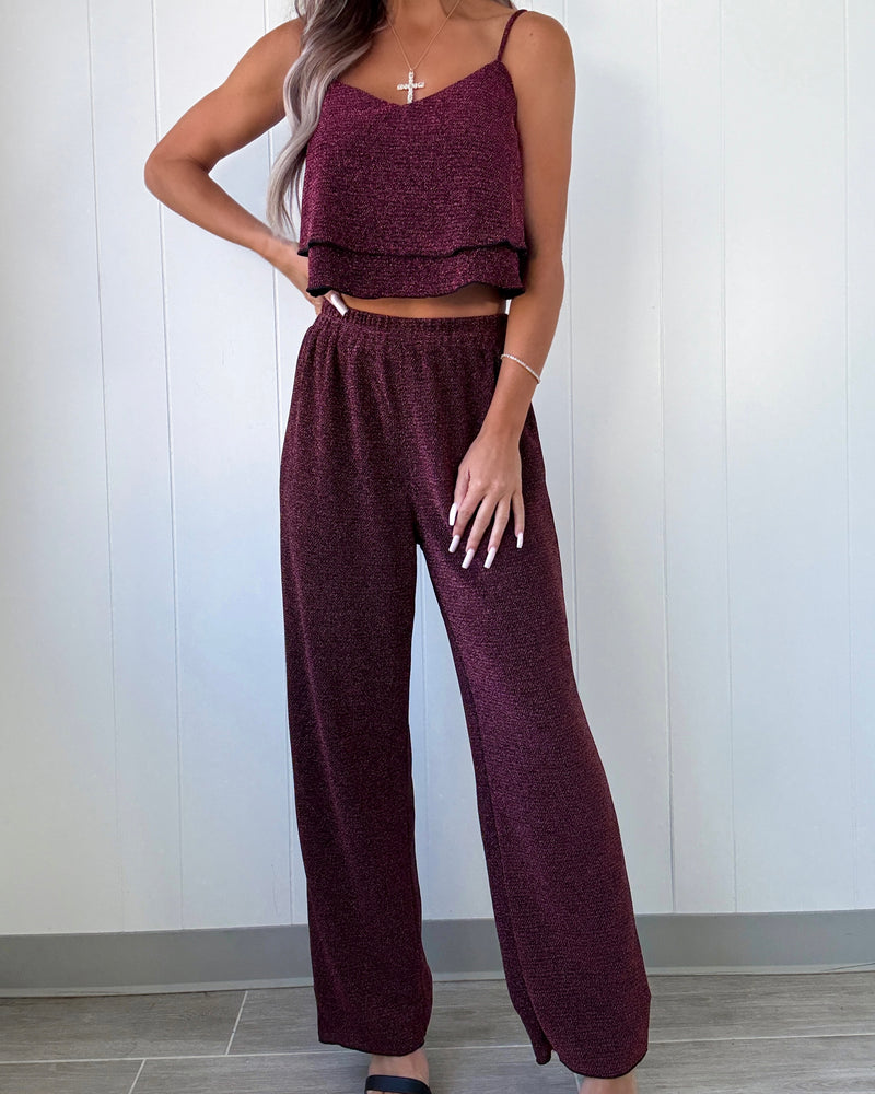 Attention Getter Glitter Pant Set - Wine