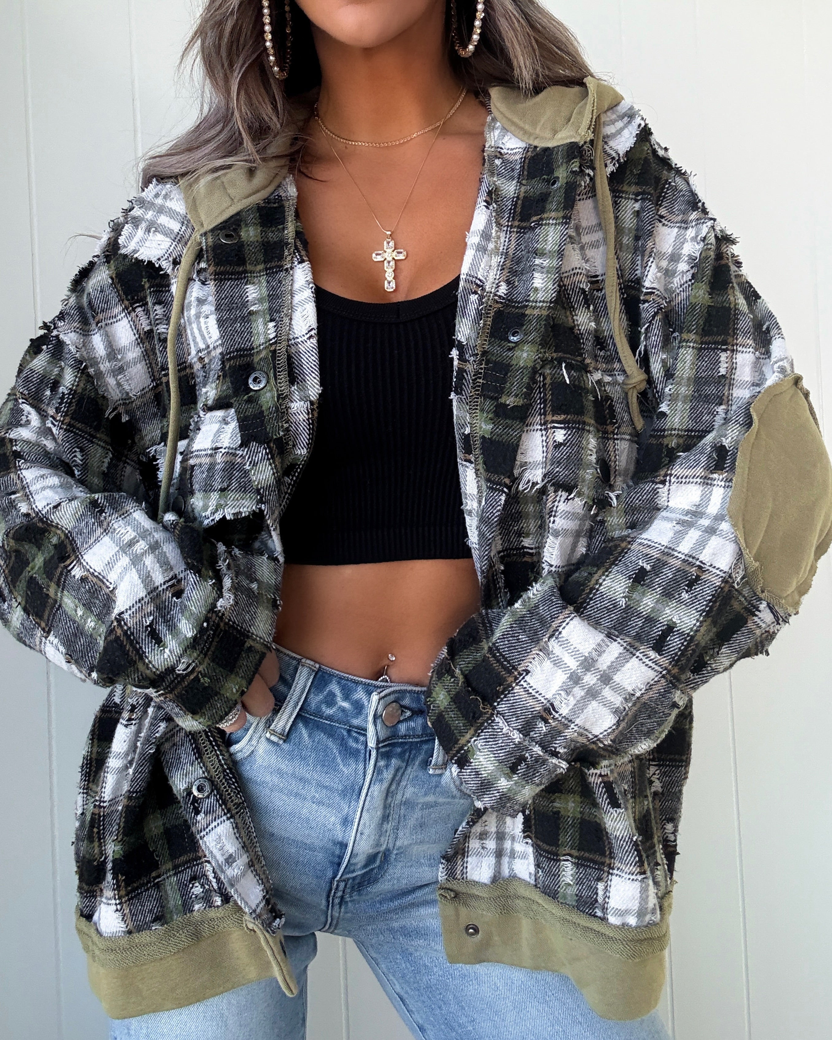 Street Side Distressed Plaid Hooded Top - Olive